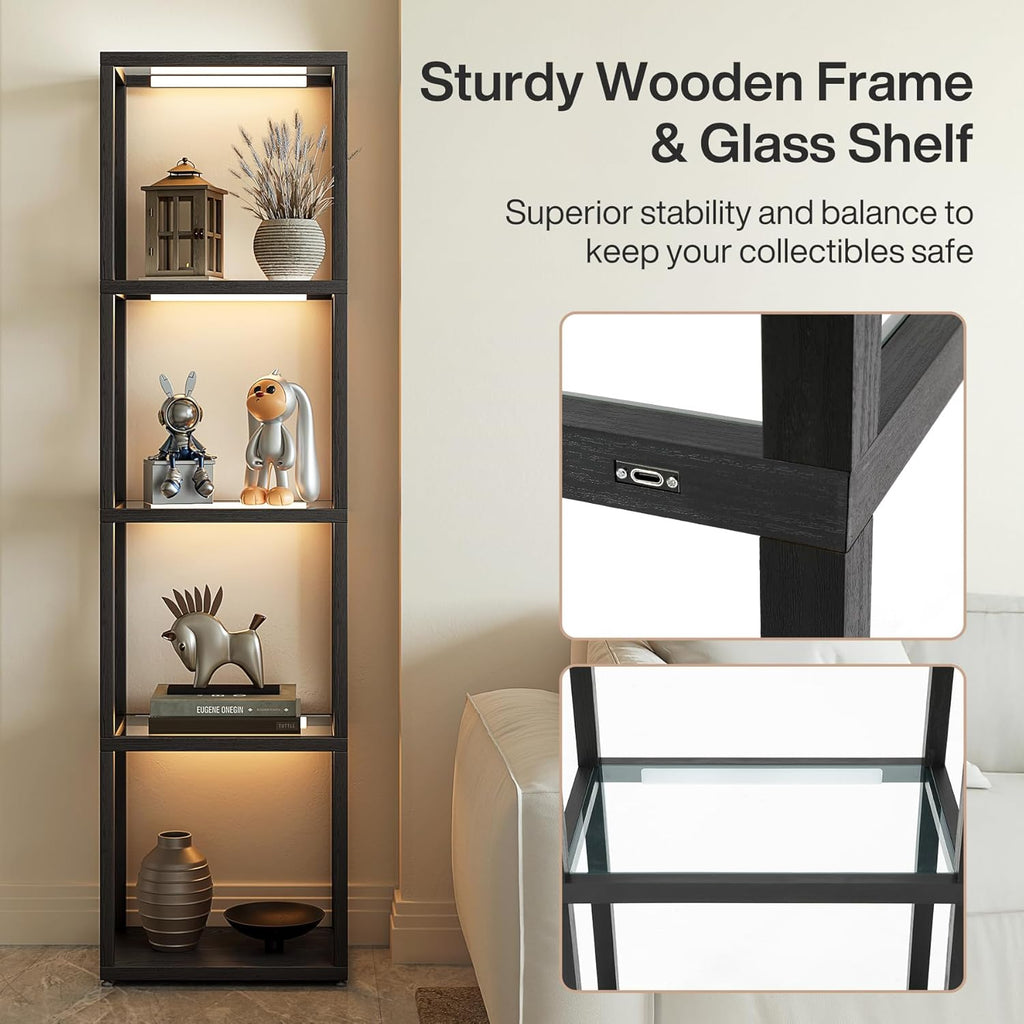 Tribesigns Display Shelf Floor Lamp with Shelves, Modern Black Glass Display Cabinet with Remote & 3 CCT Dimmable LED, Tall 5-Tier Wooden Conner Open Bookshelf Lamp for Bedroom Office Living Room