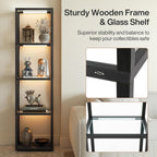 Tribesigns Display Shelf Floor Lamp with Shelves, Modern Black Glass Display Cabinet with Remote & 3 CCT Dimmable LED, Tall 5-Tier Wooden Conner Open Bookshelf Lamp for Bedroom Office Living Room