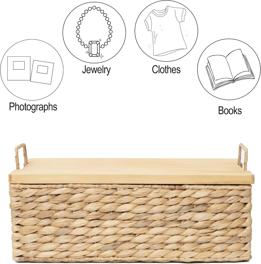 Handmade Water Hyacinth Woven Storage Basket with Lid, Multi - Functional Wicker Organizing Baskets (Large)