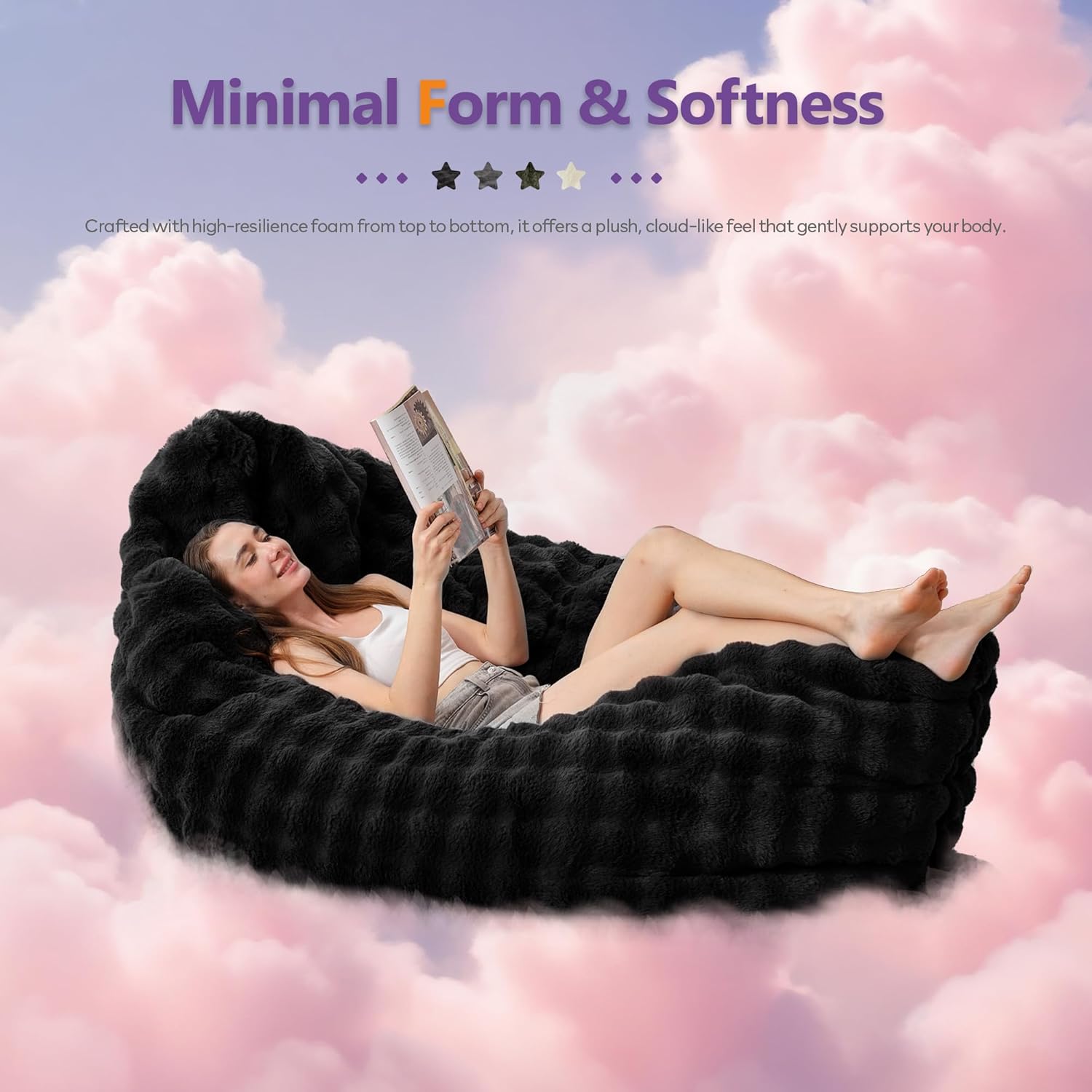TYBOATLE 3 in 1 Giant Bean Bag Chair for Adults, Plush Fluffy Bean Bag Couch w/High-Density Memory Foam Filling, Convertible Floor Sofa to Mattress for Dorm, Apartment (Black)