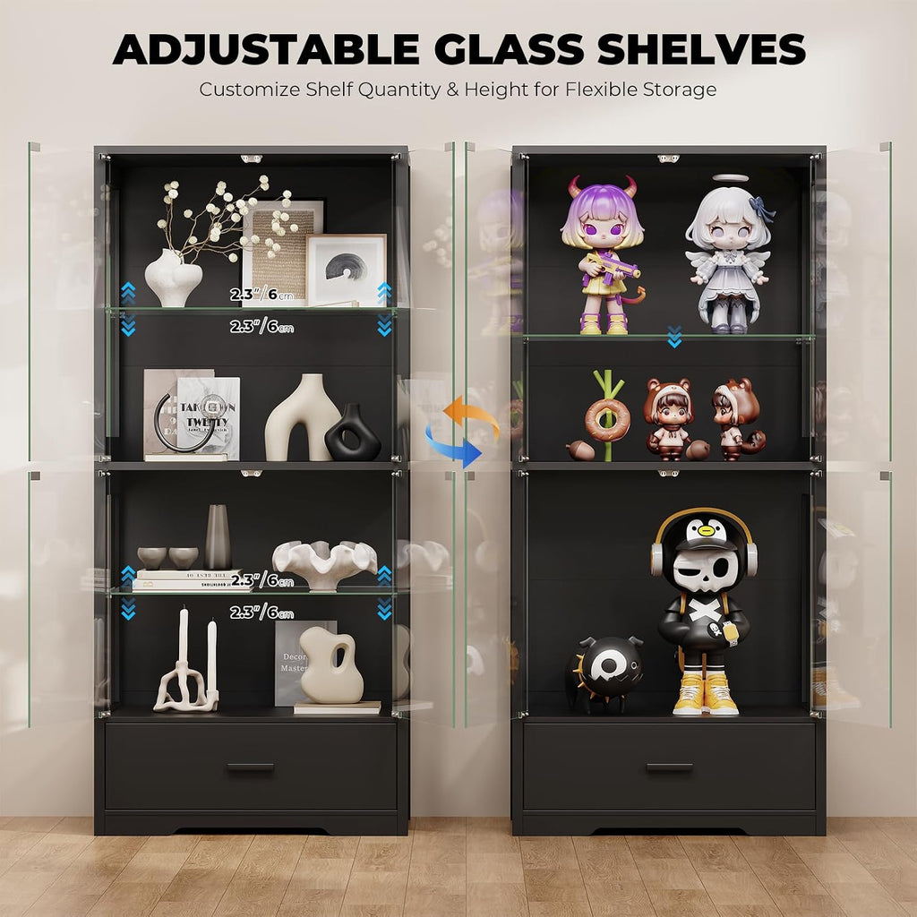 BROTTAR Display Cabinet with Glass Doors, 4-Tier Curio Cabinet with Drawer for Collectibles, Display Case with 3-Color Lights & Human Body Sensor, Storage Cabinets with Adjustable Glass Shelves, Black
