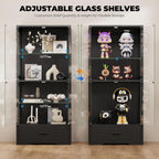 BROTTAR Display Cabinet with Glass Doors, 4-Tier Curio Cabinet with Drawer for Collectibles, Display Case with 3-Color Lights & Human Body Sensor, Storage Cabinets with Adjustable Glass Shelves, Black