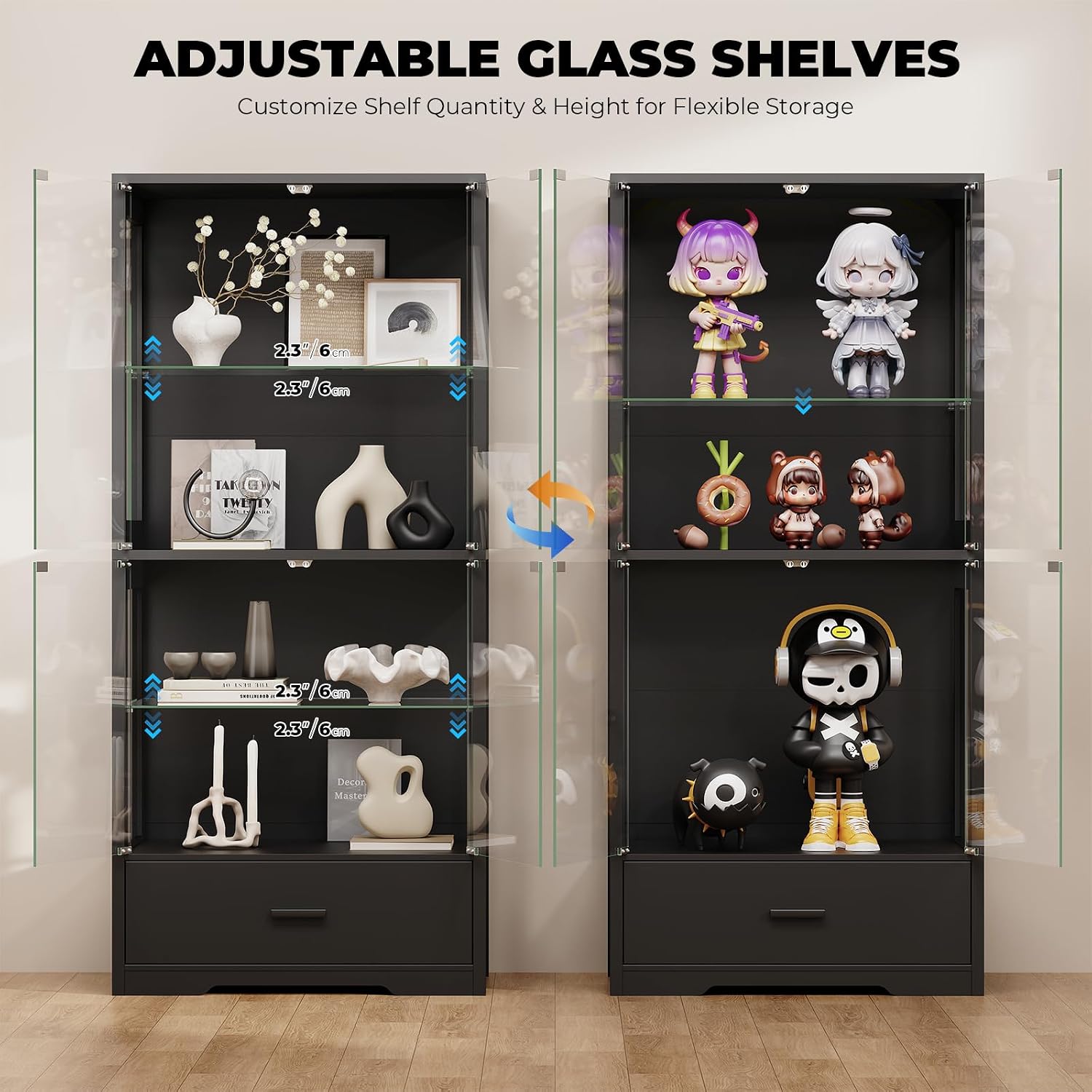 BROTTAR Display Cabinet with Glass Doors, 4-Tier Curio Cabinet with Drawer for Collectibles, Display Case with 3-Color Lights & Human Body Sensor, Storage Cabinets with Adjustable Glass Shelves, Black