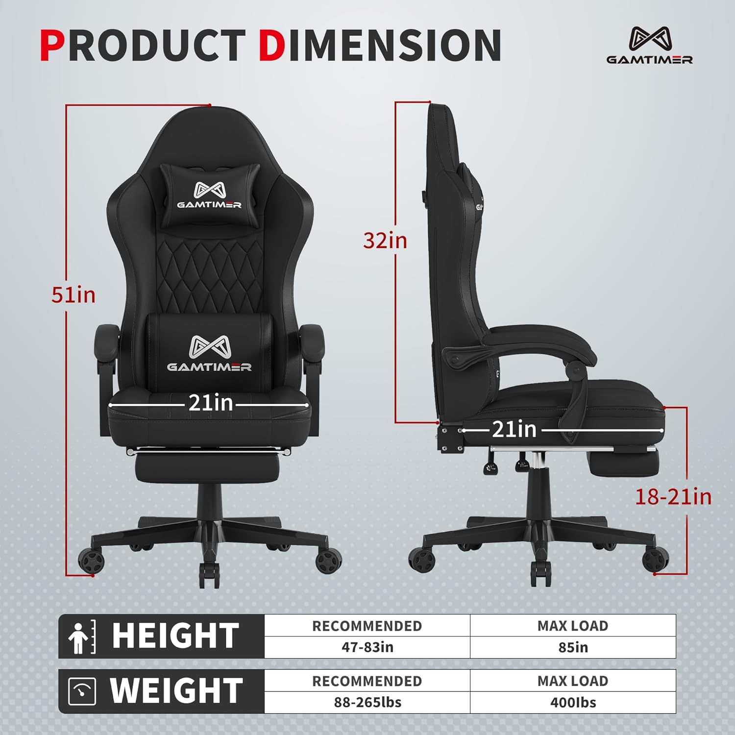Gamtimer Gaming Chair with Footrest, Ergonomic Computer Chair, PU Breathable Material with Headrest and Lumbar Support, Suitable for Silla Gamer and Adults (White)