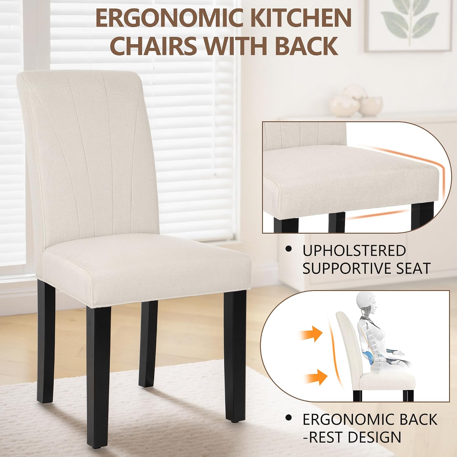 VECELO Upholstered Dining Chairs Set of 6, Modern Fabric and Solid Wood Legs & High Back, Parsons for Kitchen/Living Room- Beige