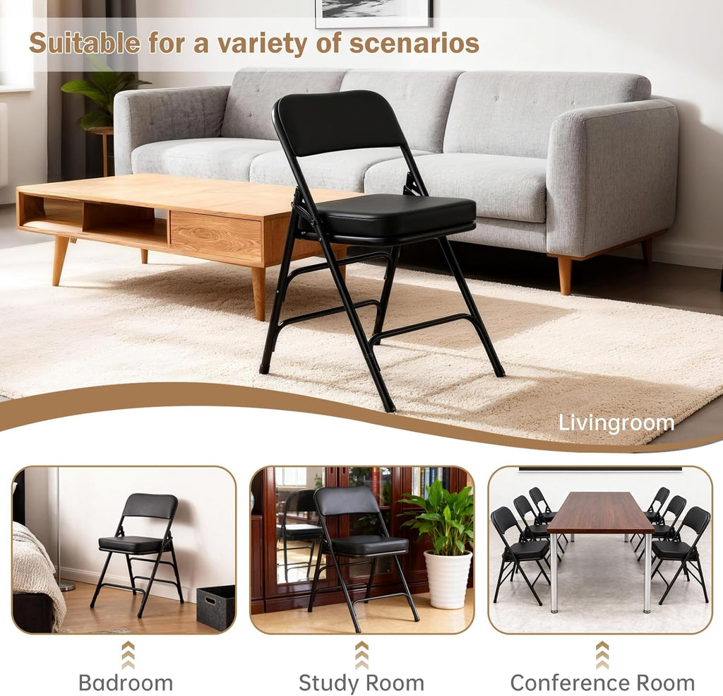 Folding Chair with Thick Cushioned Seat,1 Pack, Black, Portable Metal Frame Foldable Chair for Indoor & Outdoor Use, Durable and Comfortable Upholstered Chair for Home, Office, and Events