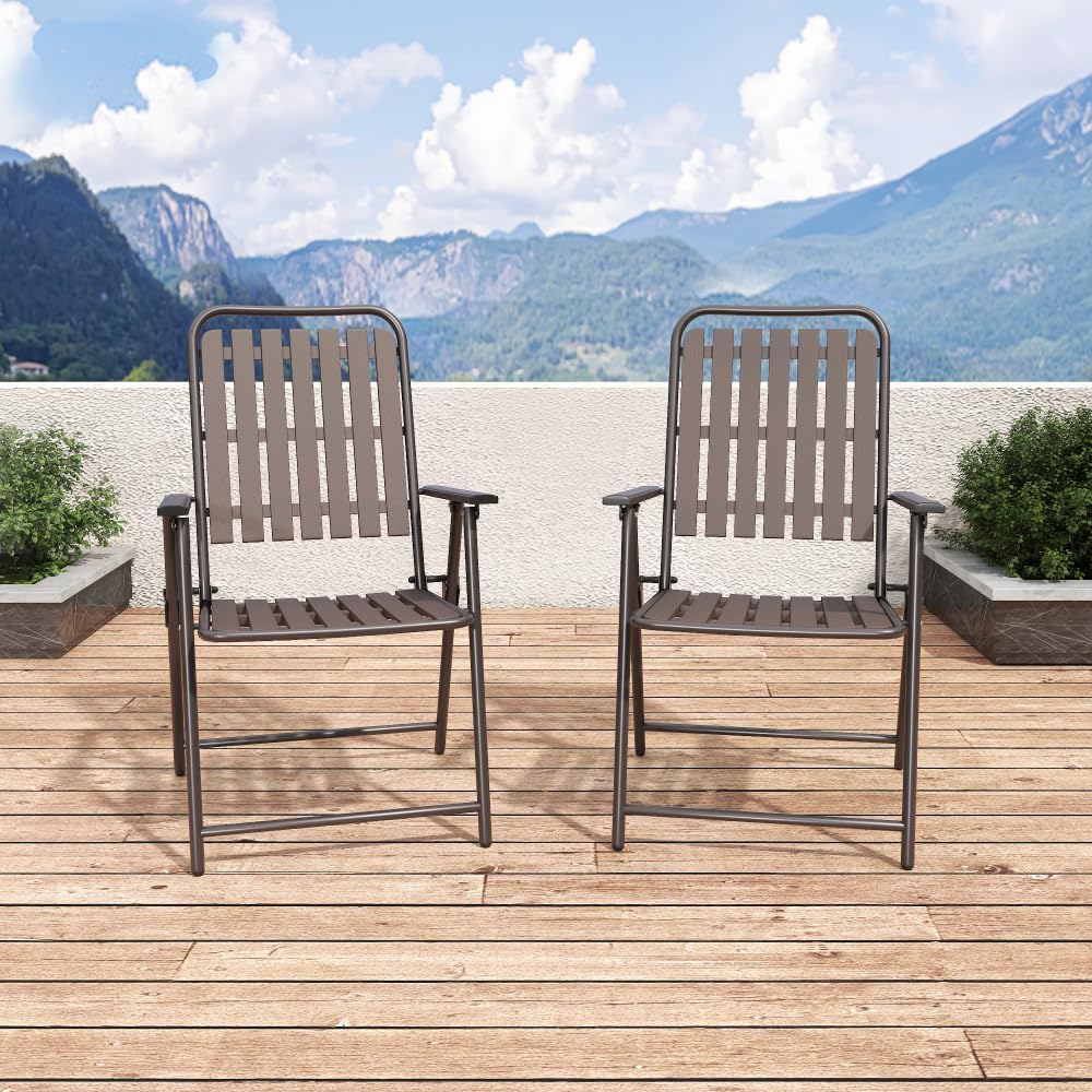 Patio Folding Chairs, Set of 2 Brown Outdoor Portable Chairs with 350 lb Capacity, Rust-Resistant Stain-Proof No Assembly Seating for Garden Balcony