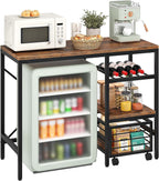 HOOBRO Mini Fridge Stand, Coffee Bar Station with Mini Fridge Space, Bakers Rack with Wine Rack, Mini Fridge Cabinet with Mobile Basket, for Kitchen, Living Room, Rustic Brown and Black BF04BX01