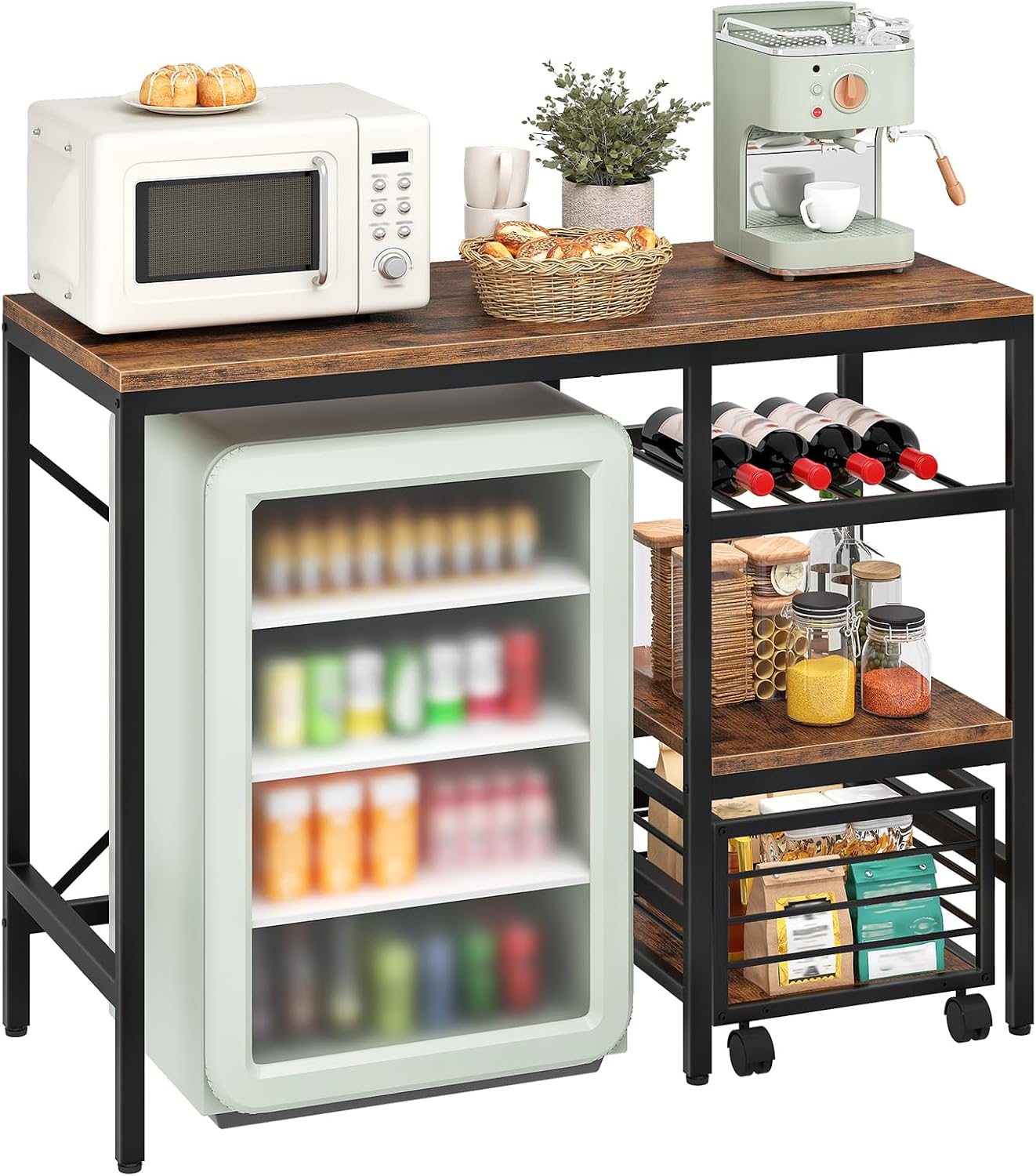 HOOBRO Mini Fridge Stand, Coffee Bar Station with Mini Fridge Space, Bakers Rack with Wine Rack, Mini Fridge Cabinet with Mobile Basket, for Kitchen, Living Room, Rustic Brown and Black BF04BX01