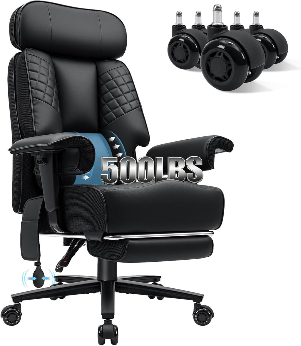 HOFFREE 500lbs Big and Tall Office Chair for Heavy People Executive Desk Chair with Adjustable Lumbar Support Comfy Wide Office Chair,Adjustable Padded Armrest,PU Leather,Black