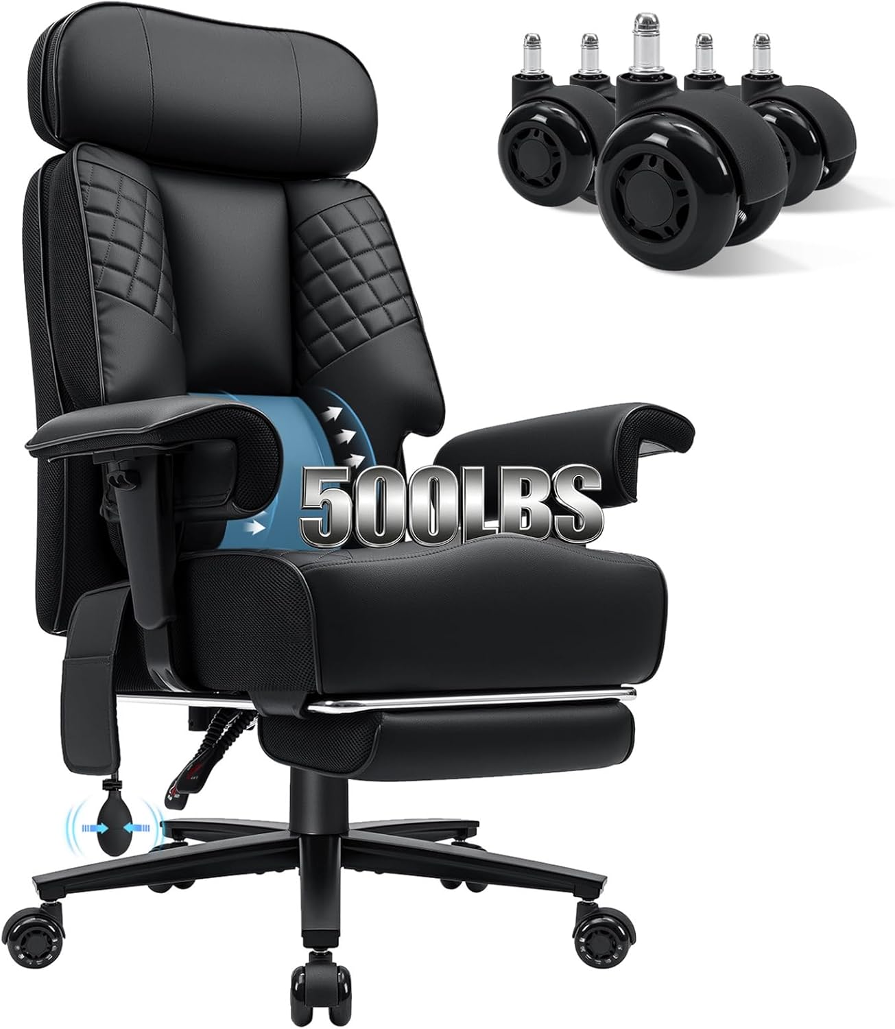 HOFFREE 500lbs Big and Tall Office Chair for Heavy People Executive Desk Chair with Adjustable Lumbar Support Comfy Wide Office Chair,Adjustable Padded Armrest,PU Leather,Black
