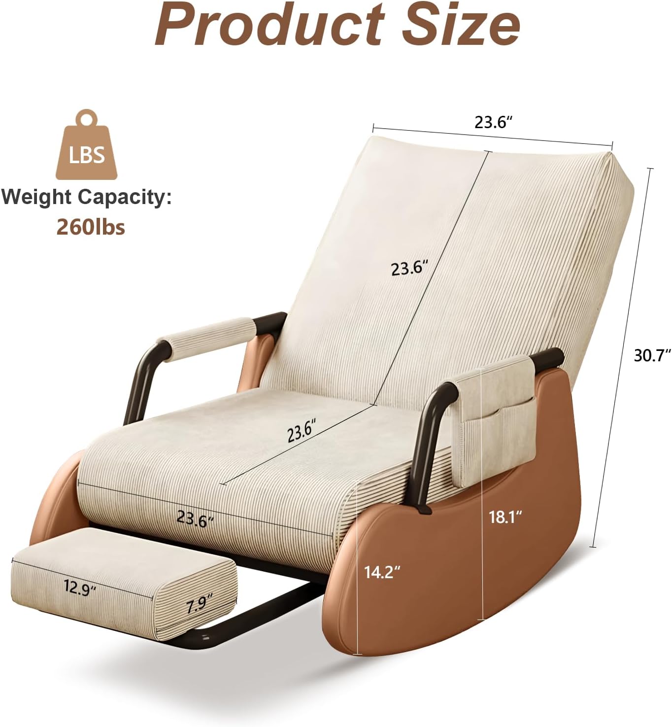 Rocking Chair Nursery, Comfortable Upholstered Recliner Rocker with Foot Rest, Side Pocket and Adjustable High Backrest, Soft Corduroy Modren Rocking Chair Living Room Bedroom, Beige
