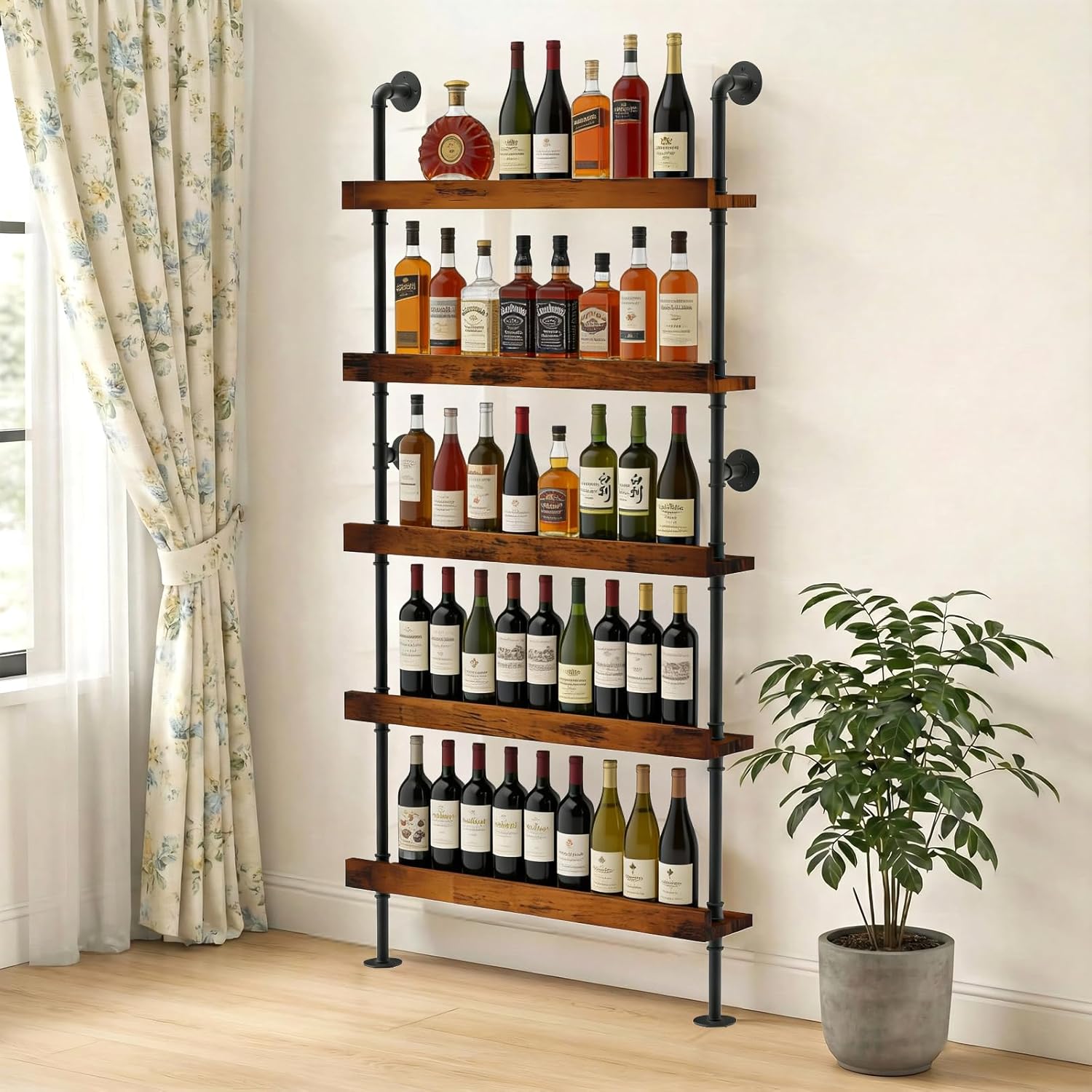 TONGMO 5-Tier Wall Mounted Wine Rack, Industrial Pipe Floating Bar Shelves, Liquor Bottle Display Shelf Holds 40+ Bottles, Space-Saving Storage for Home Bar Kitchen Dining Room, 31.5” W x 79” H
