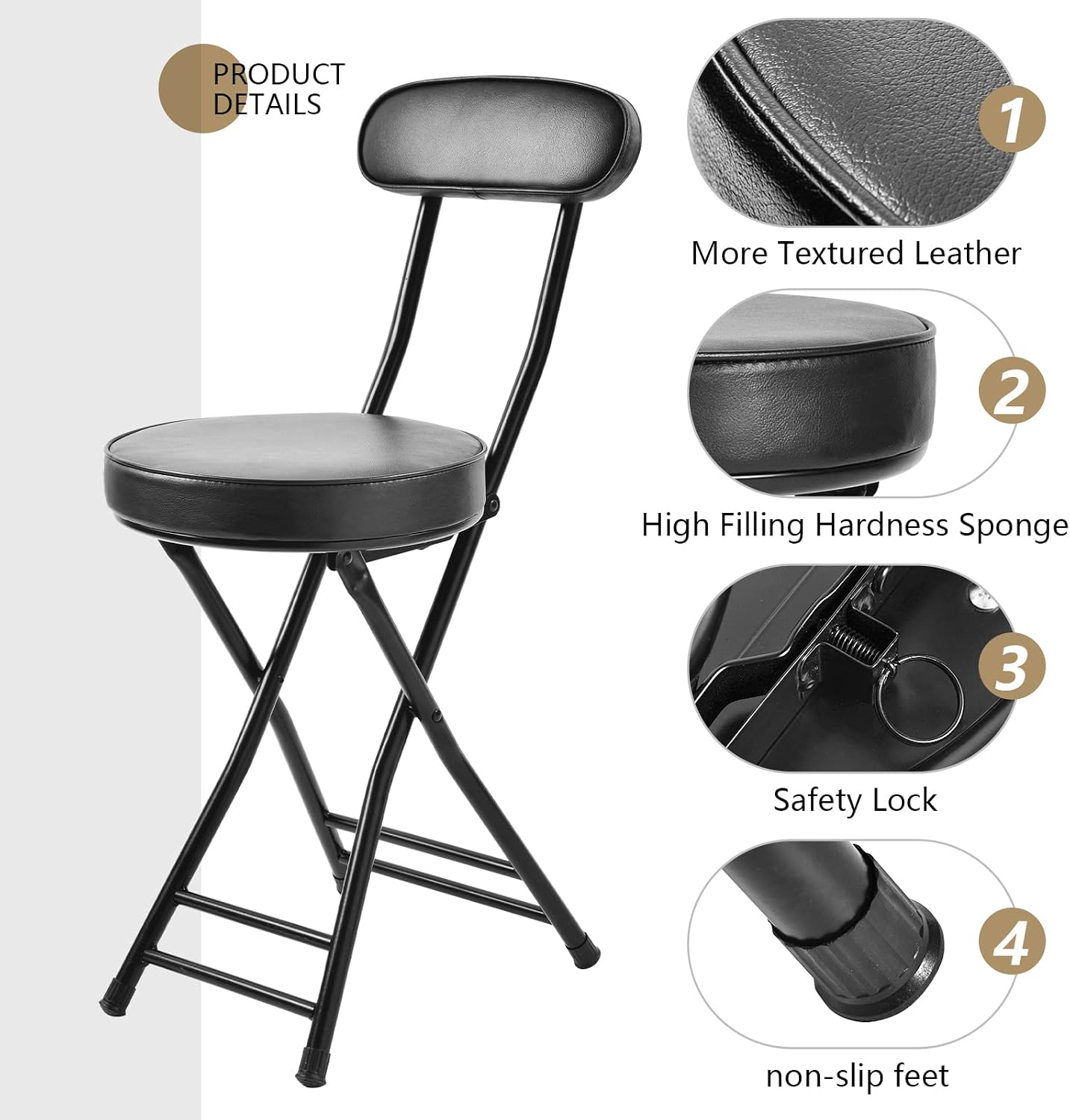 H HOMEWINS Cushioned Padded Folding Stool,1PCS 23.6-Inch Counter Height Bar Stool,Portable Folding Stool with Handle for Fishing Hiking Gardening Travel BBQ