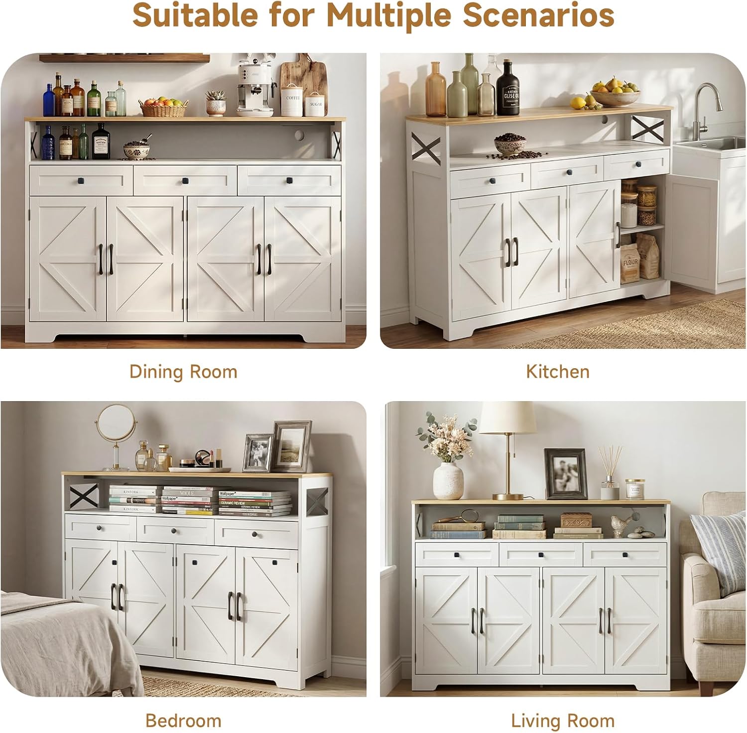 Lahomie Sideboard Buffet Cabinet with Storage, 55" Kitchen Buffet Cabinet with Charging Station, Farmhouse Coffee Bar Station with Drawers and Doors, Credenza for Kitchen Living Room Entryway, White