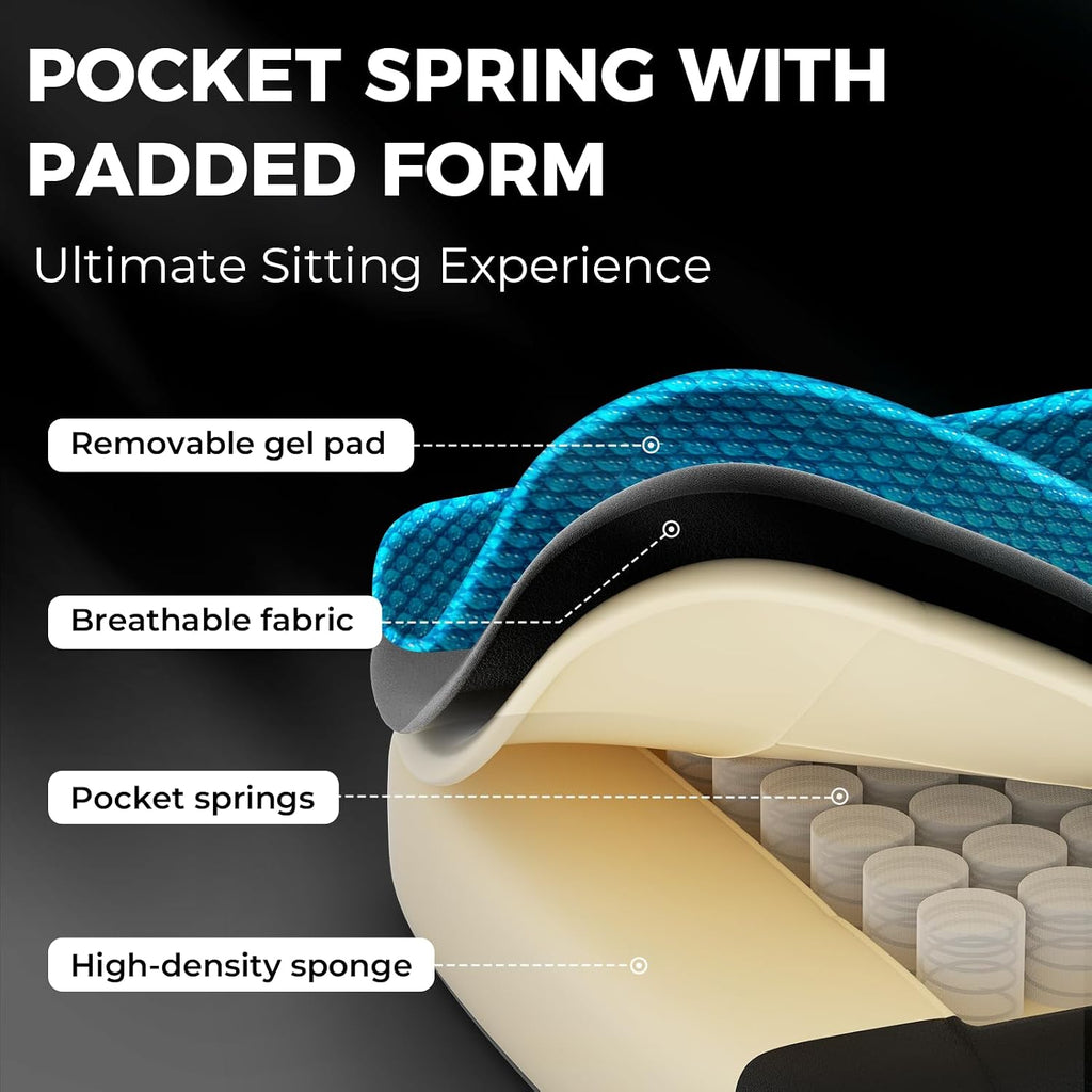 Dowinx Ergonomic Gaming Chair - Breathable Fabric with Gel Pad, Pocket Spring Cushion & Retractable Footrest, Comfortable Gamer Chair with Storage Bag,Deep Black