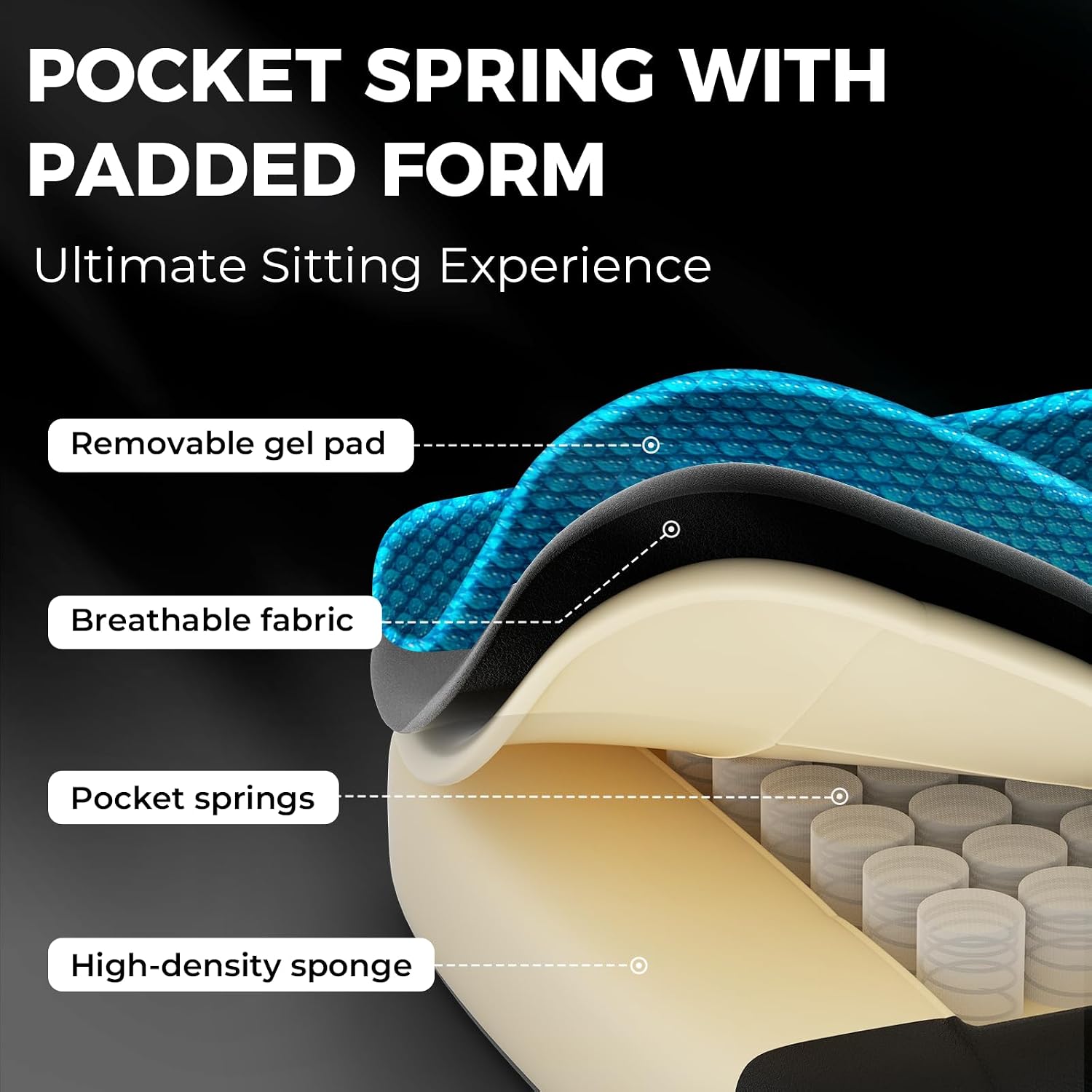 Dowinx Ergonomic Gaming Chair - Breathable Fabric with Gel Pad, Pocket Spring Cushion & Retractable Footrest, Comfortable Gamer Chair with Storage Bag,Deep Black