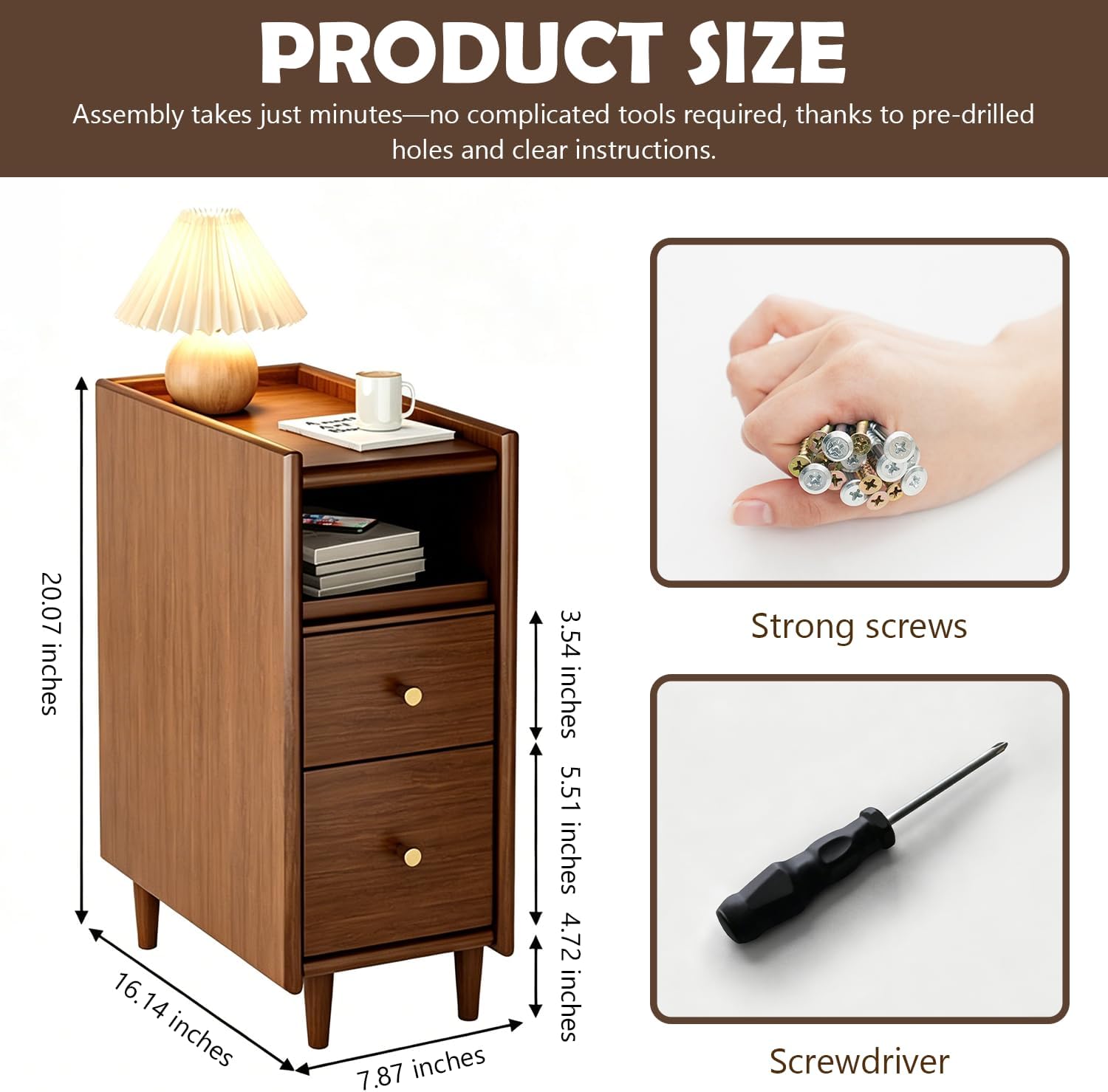 YUNMUARY-Walnut Nightstand,Narrow Side Table with 2 Drawer,Fluted Bedside Table,7.87 Inches Wide Mid Century Modern Nightstand for Hallway,Bedroom,Living Room,Easy Assembly.