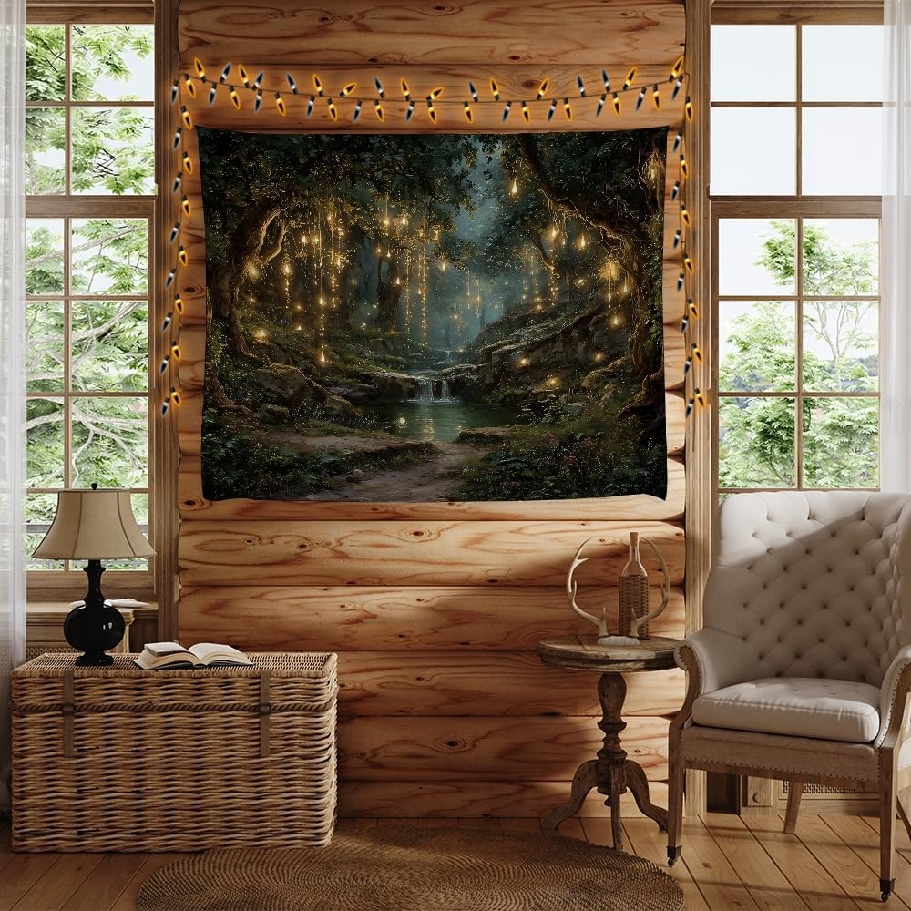 xyeey Gothic Fantasy Enchanted Forest Tapestry Mystical Waterfall Painting Wall Hanging Decor Fairy Lights Nature Landscape Art Vintage Tapestries for Living Room Gallery Wall Decor white60x80inch
