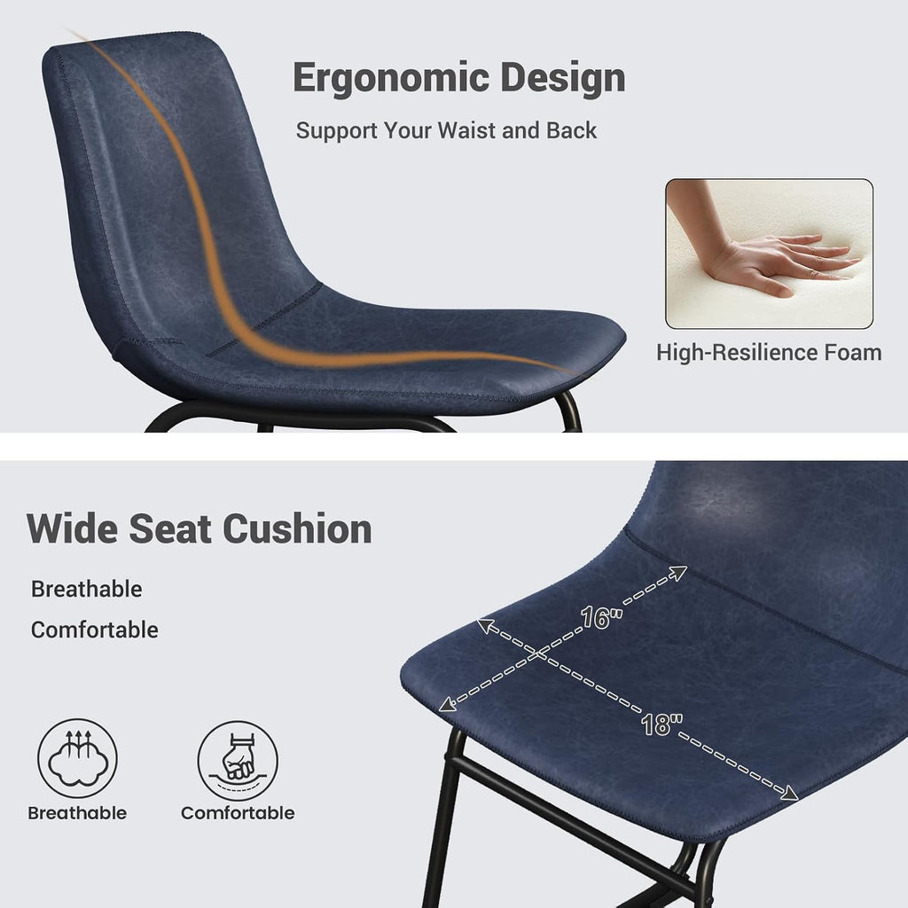 Dining Chairs Set of 2, 18 Inch Faux Leather Kitchen Chairs with Back, Modern Armless Dining Room Chair with Metal Legs for Home Bistro Coffee Shops (Blue)
