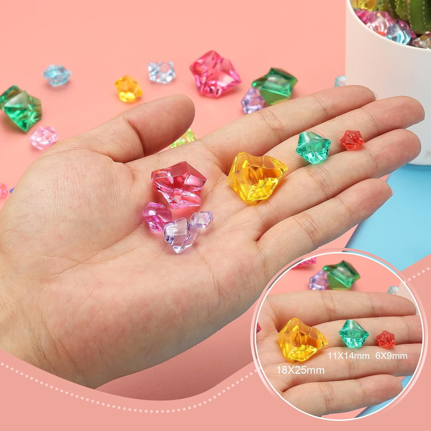 M METERXITY 1000-Pack Fake Ice Rocks, 6x9mm Fake Crushed Ice Acrylic Gems Diamonds for Vase Fillers/Fish Tank/DIY Crafts [Pink]