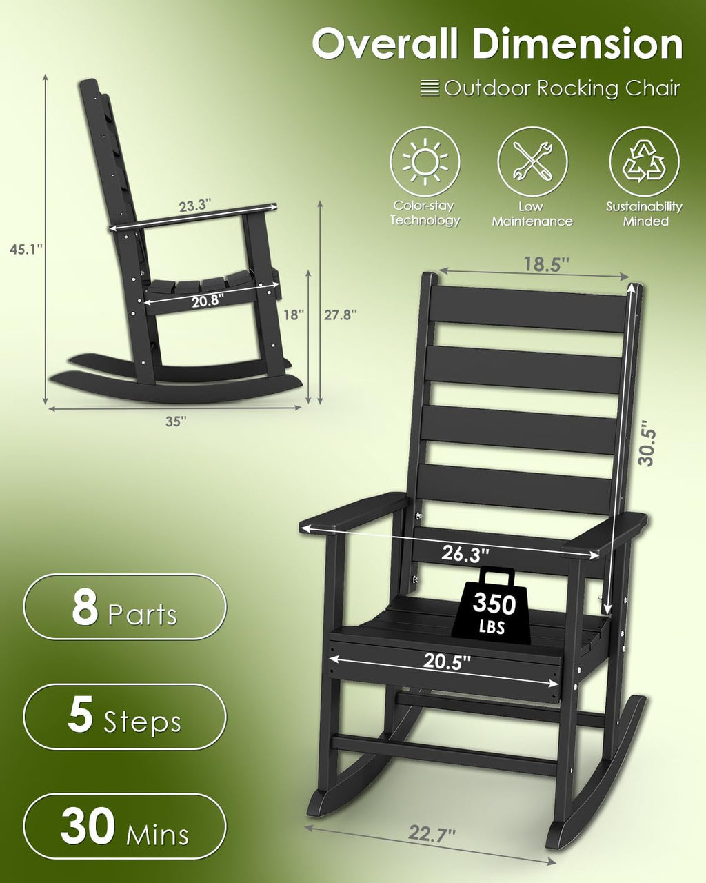 GREENVINES Outdoor-Rocking-Chairs-Set-of-2 | HDPE Plastic | Patio Rockers | Porch Rocker Chair | Shaker | Oversized | High Ladder Back | Big & Tall | PentaLuxe | Black