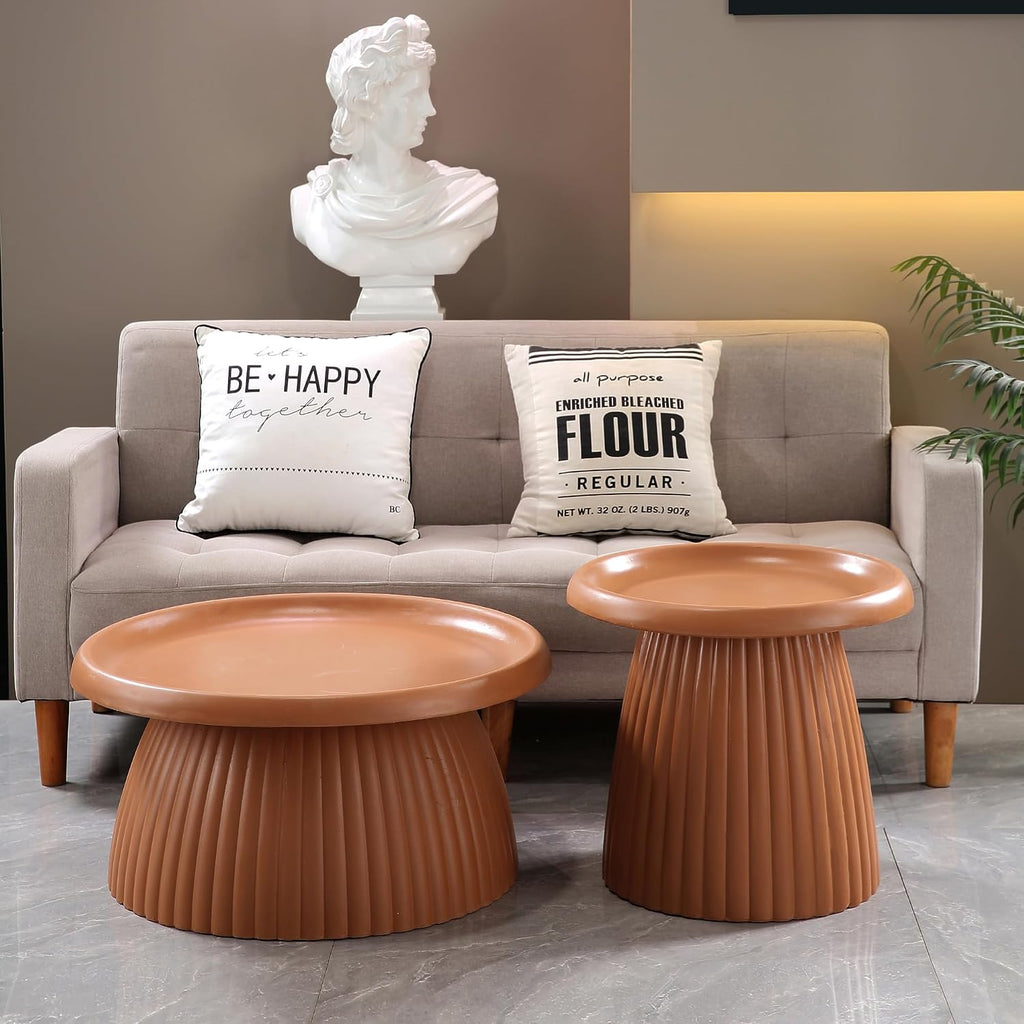 19.69" Round Light Terracotta MGO End Table for Indoors and Outdoors, Mid-Century Modern Magnesium Oxide Fluted Base Side Table, Circle Fluted End Table for Living Room Patio