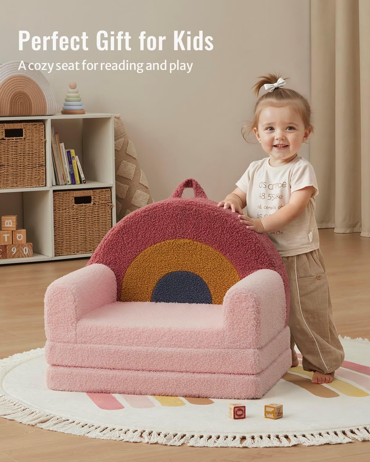 Blissful Diary Foldable Kids Couch, 2-in-1 Comfy Kids Chair for Reading, Playroom, Kids Couch Sofa for Girls Boys Birthday Gift, Blush Rainbow