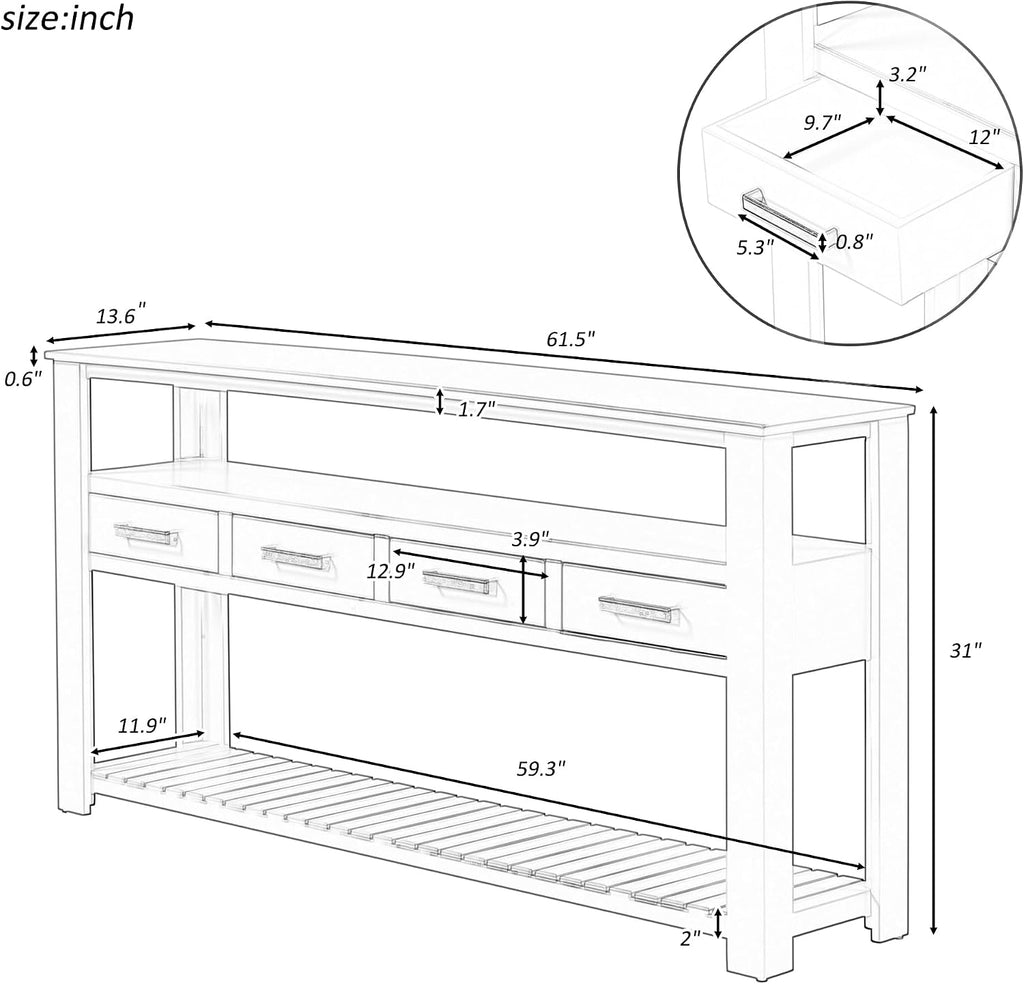 LKTART Console Table for Entryway with 4 Drawers,61.5'' Long Sofa Table with 3-Tier Open Shelves,Entry Table for Hallway,Foyer,Living Room,Navy Blue
