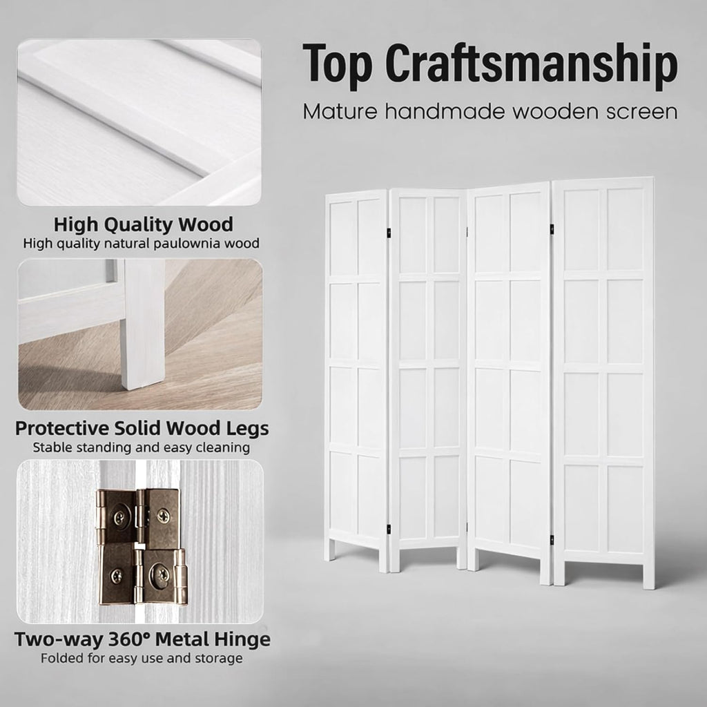 4 Panel Room Divider Folding Privacy Screen, 66.92″ Tall Solid Paulownia Wood Room Partition with 360° Hinges, Freestanding Wall Divider for Room Separation, Home, Bedroom, Office (White)