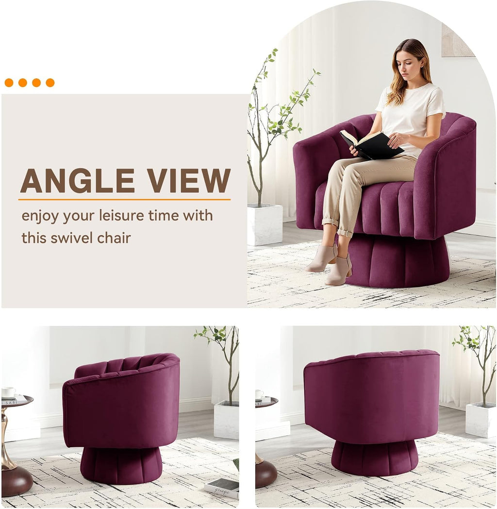 YSICK Swivel Accent Chair,360°Swivel Barrel Chairs, Mid-Century Chair with Wide Upholstered, Modern Velvet Fabric, Round Armchair for Living Room, Lounge, Bedroom, Purple