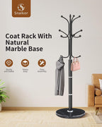 Snaikor Metal Coat Rack Freestanding, Sturdy Coat Rack Stand with Natural Marble Base, Modern Black Coat Racks Tree Hats Hanger Holder Stand for Entryway, Hallway, Office(12 Hooks)