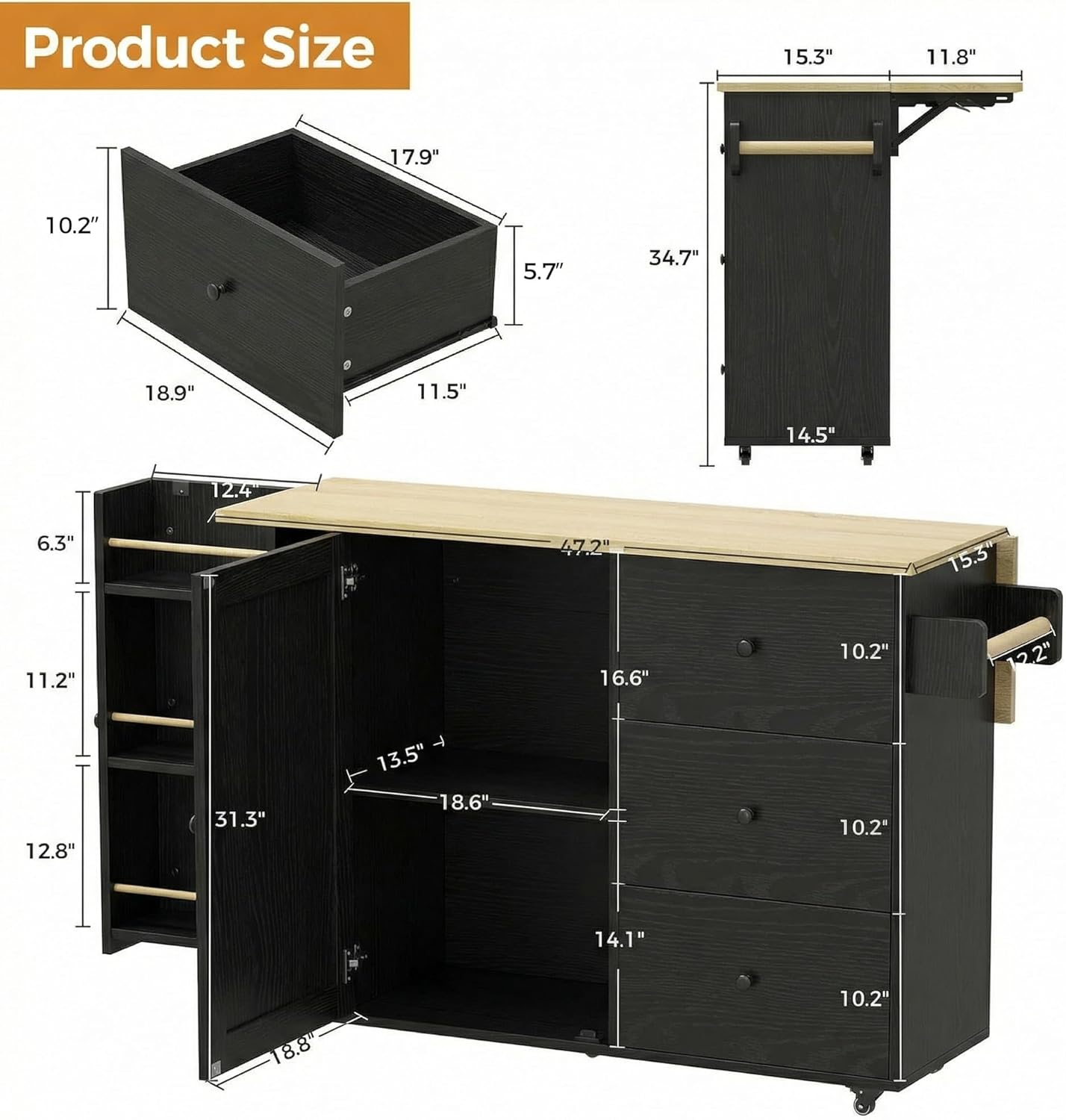 IRONCK Kitchen Island with Storage, 47.2in Rolling Island on Wheels, Kitchen Cart with Drop Leaf, 3 Spacious Drawers, Storage Cabinets and Towel Rack for Home, Dining Room
