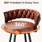 26" Counter Height Bar Stools Set of 2, Premium Faux Leather Barstools with Woven Backs Support & Heavy Duty Metal Legs, Upholstered 360°Swivel Bar Chairs for Kitchen Counter, Easy Assembly, Brown