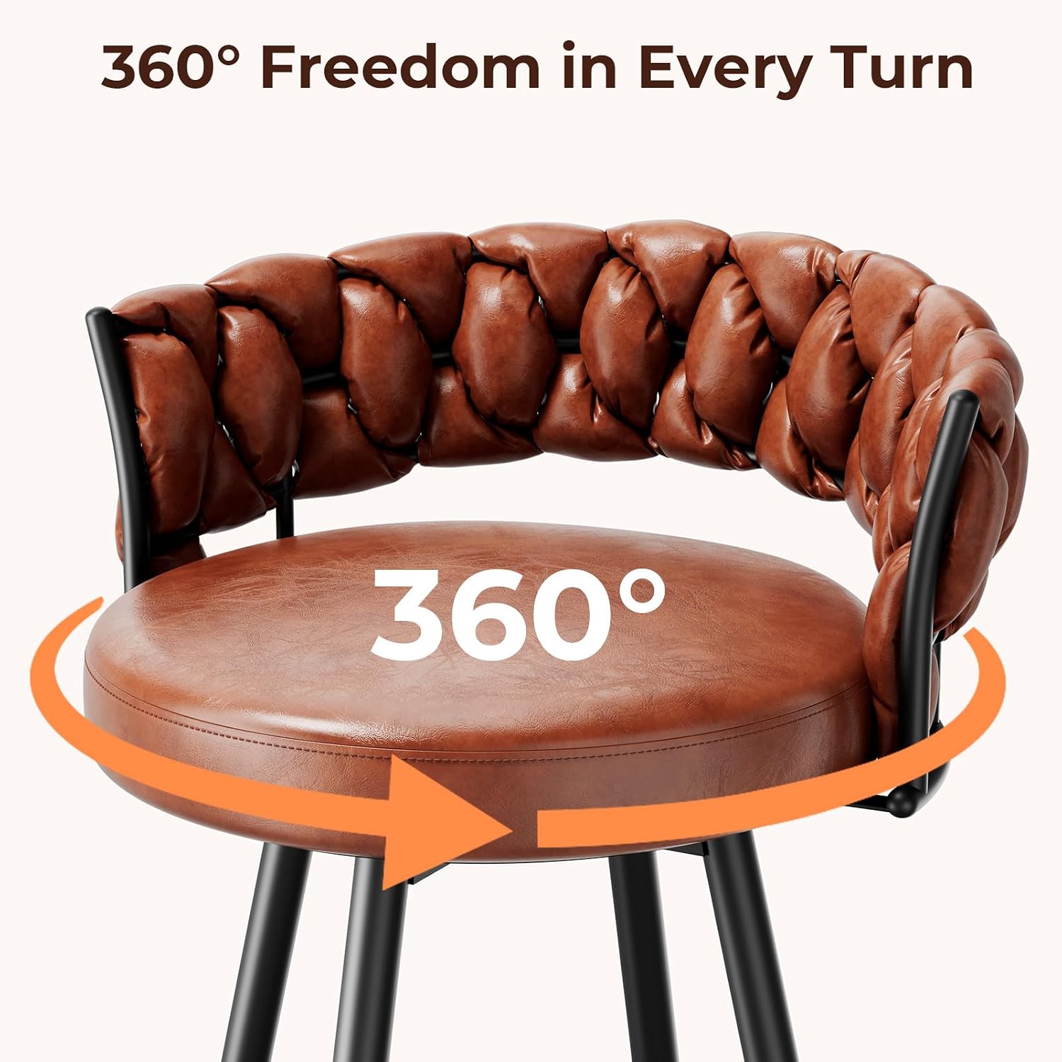26" Counter Height Bar Stools Set of 2, Premium Faux Leather Barstools with Woven Backs Support & Heavy Duty Metal Legs, Upholstered 360°Swivel Bar Chairs for Kitchen Counter, Easy Assembly, Brown