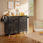 Aiho Kitchen Island Cart with Folding Drop Leaf, 52" Width Mobile Carts with Storage Cabinet, Rolling Kitchen Table with Spice Rack, Towel Rack, and Drawer, Black