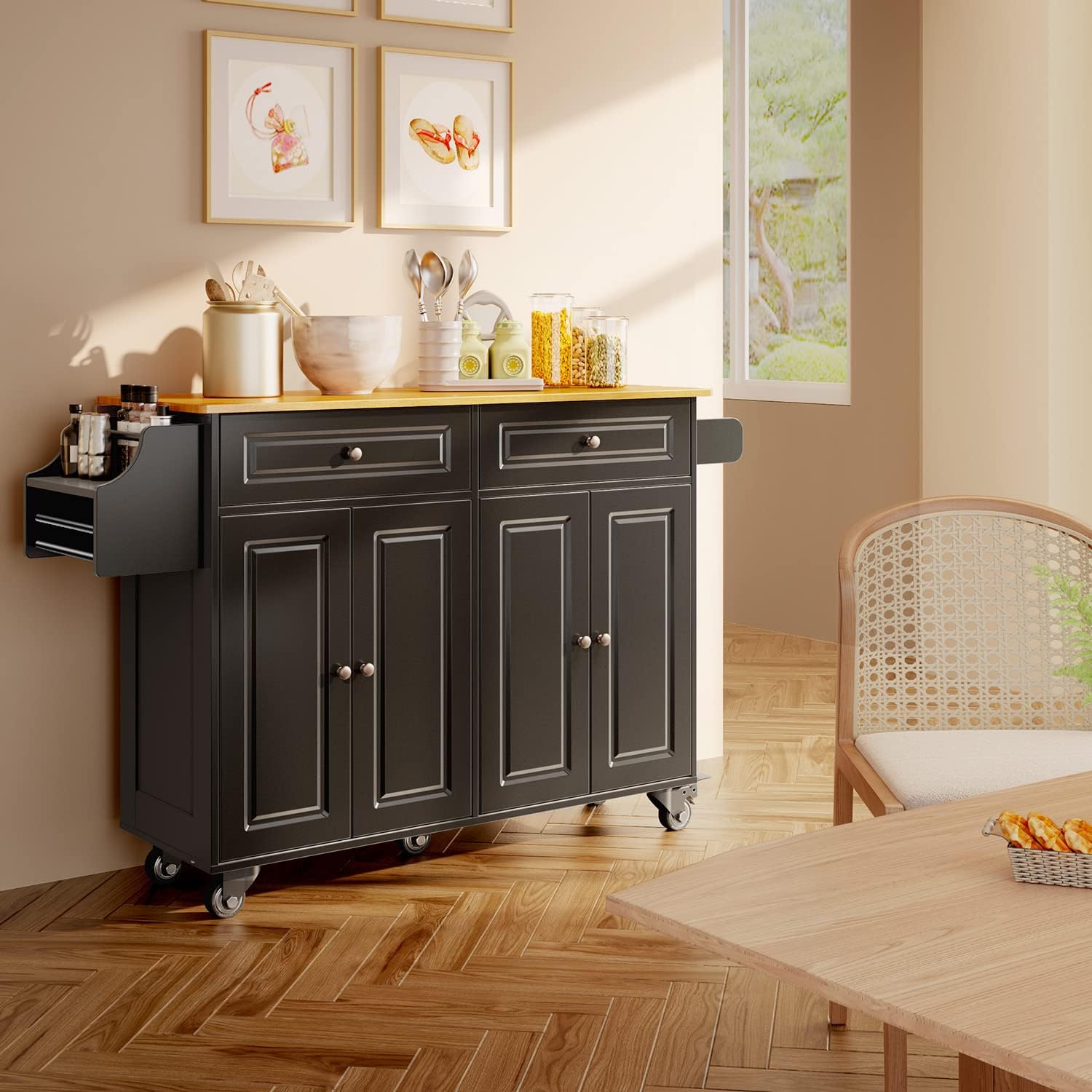 Aiho Kitchen Island Cart with Folding Drop Leaf, 52" Width Mobile Carts with Storage Cabinet, Rolling Kitchen Table with Spice Rack, Towel Rack, and Drawer, Black