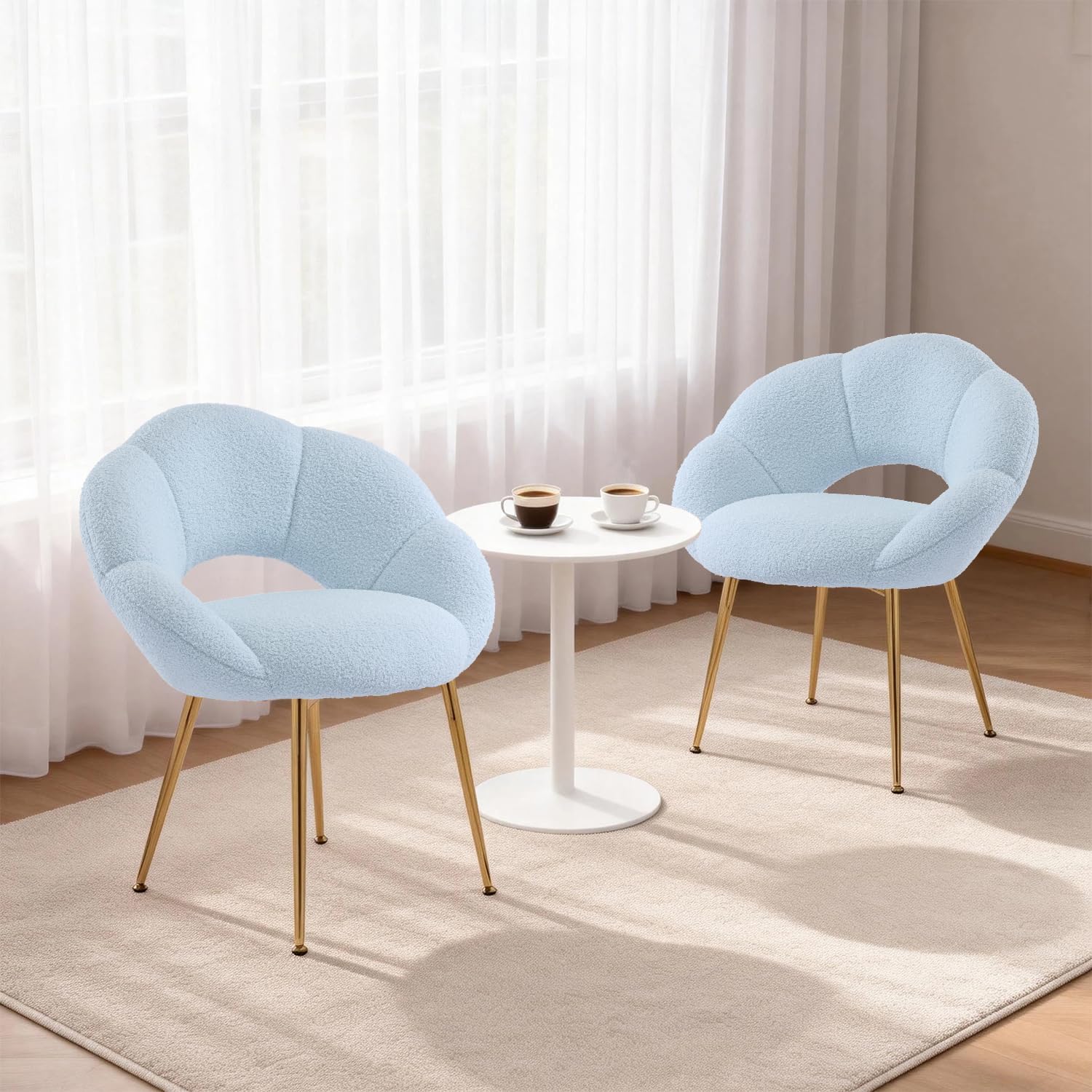 Petal Makeup Vanity Chair with Back,Modern Dining Chair,Upholstered Desk Chair for Girls with Gold Metal Legs for Home Office,Bedroom, (Blue)