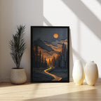 WANXU Sparkling River And Full Moon Layered Mountain Landscape Wall Print, Rustic Forest Scene for Country House Decor Or Themed Interiors Canvas Poster Bedroom Decor Sports Landscape Office Room Deco