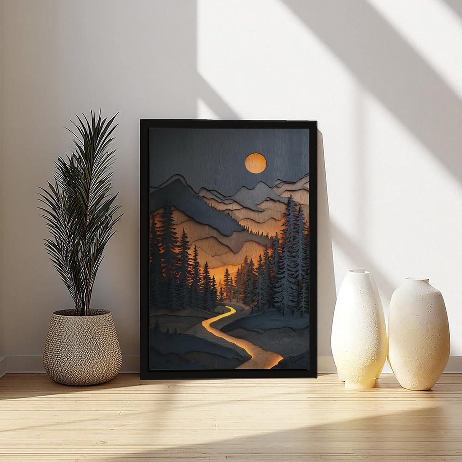 WANXU Sparkling River And Full Moon Layered Mountain Landscape Wall Print, Rustic Forest Scene for Country House Decor Or Themed Interiors Canvas Poster Bedroom Decor Sports Landscape Office Room Deco