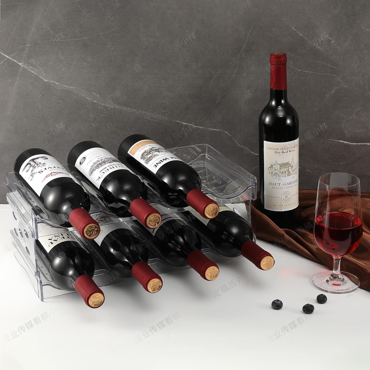 Wine Rack for Countertop, Fridge, Inside Cabinet, 3 Tier Plastic Tabletop Wine Bottle Holder, Water Bottle Organizer for Refrigerator, Pantry, Hold 9 Bottles