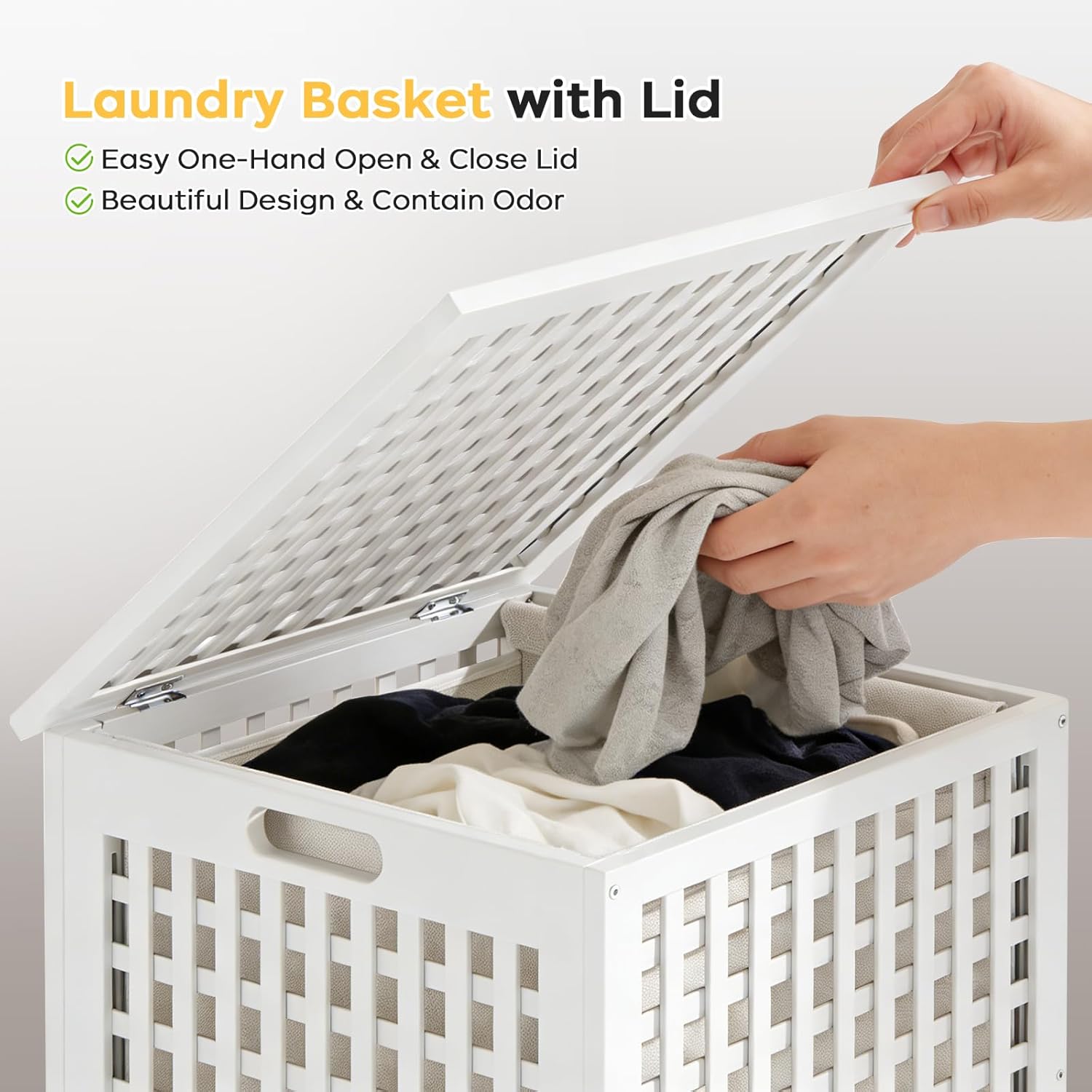 oakvivo Bamboo Laundry Hamper, 17.7" x 17.7" x 25.6" Bathroom Waterproof Wood Laundry Basket with Lid and Handles, Laundry Sorter with Removable Washing Bag, Laundry Bin Organizer for Bedroom(White)