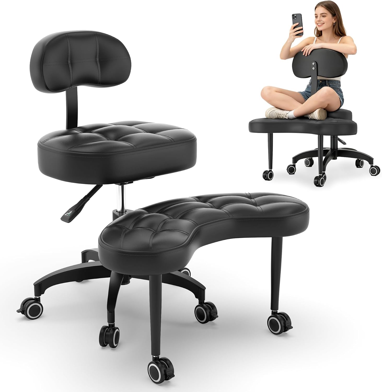 TASALON Cross Legged Office Chair, Criss Cross Chair with Wheels, 360° Swivel Adjustable Height ADHD Chair with Back Support, Ergonomic Kneeling Chair for Meditation, Yoga & Home Office Use, Black