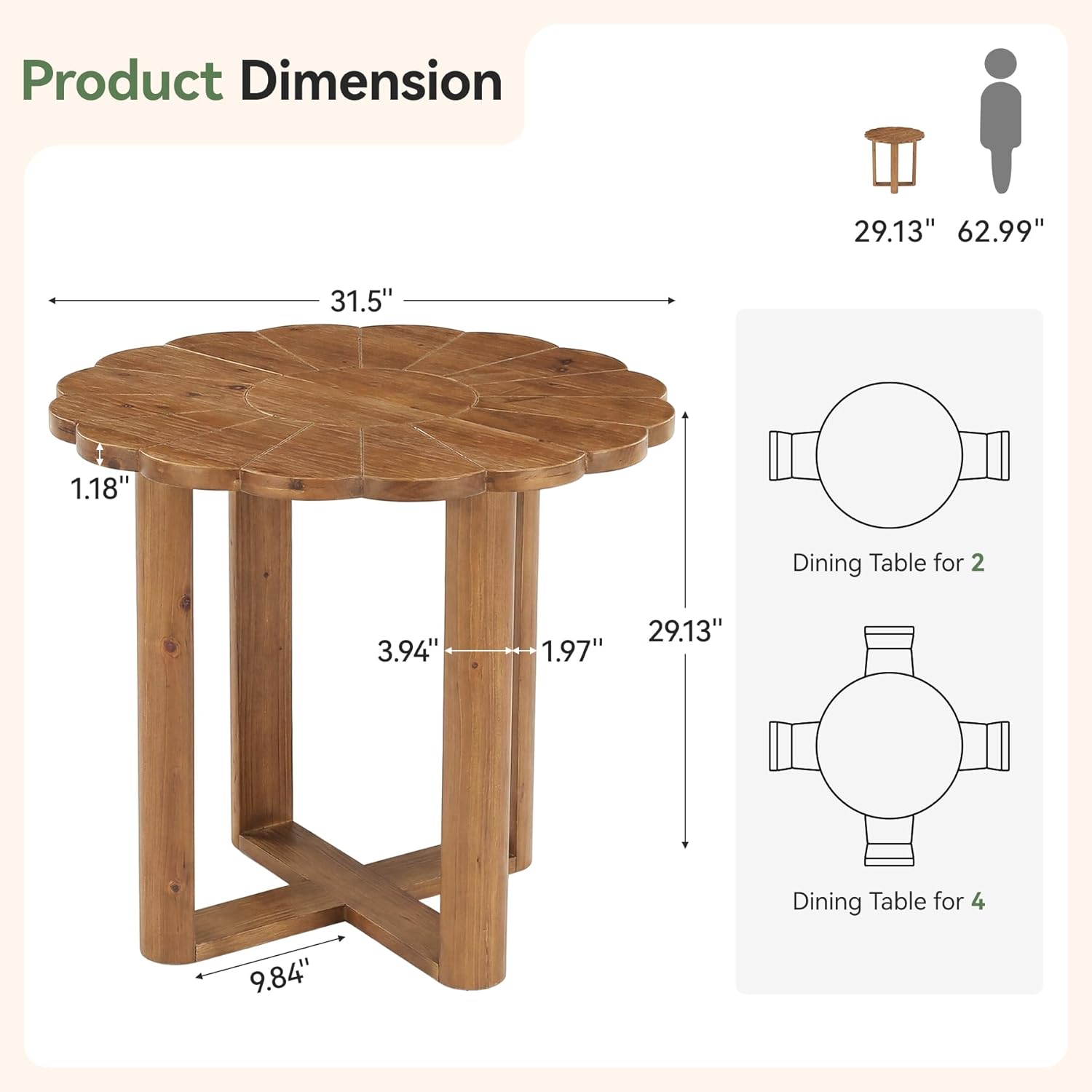 31.5-Inch Solid Wood Round Dining Table for 2-4, Small Farmhouse Kitchen Table with Carved Petal Pattern, Wooden Dining Room Furniture for Apartments, Small Place, Rustic Brown