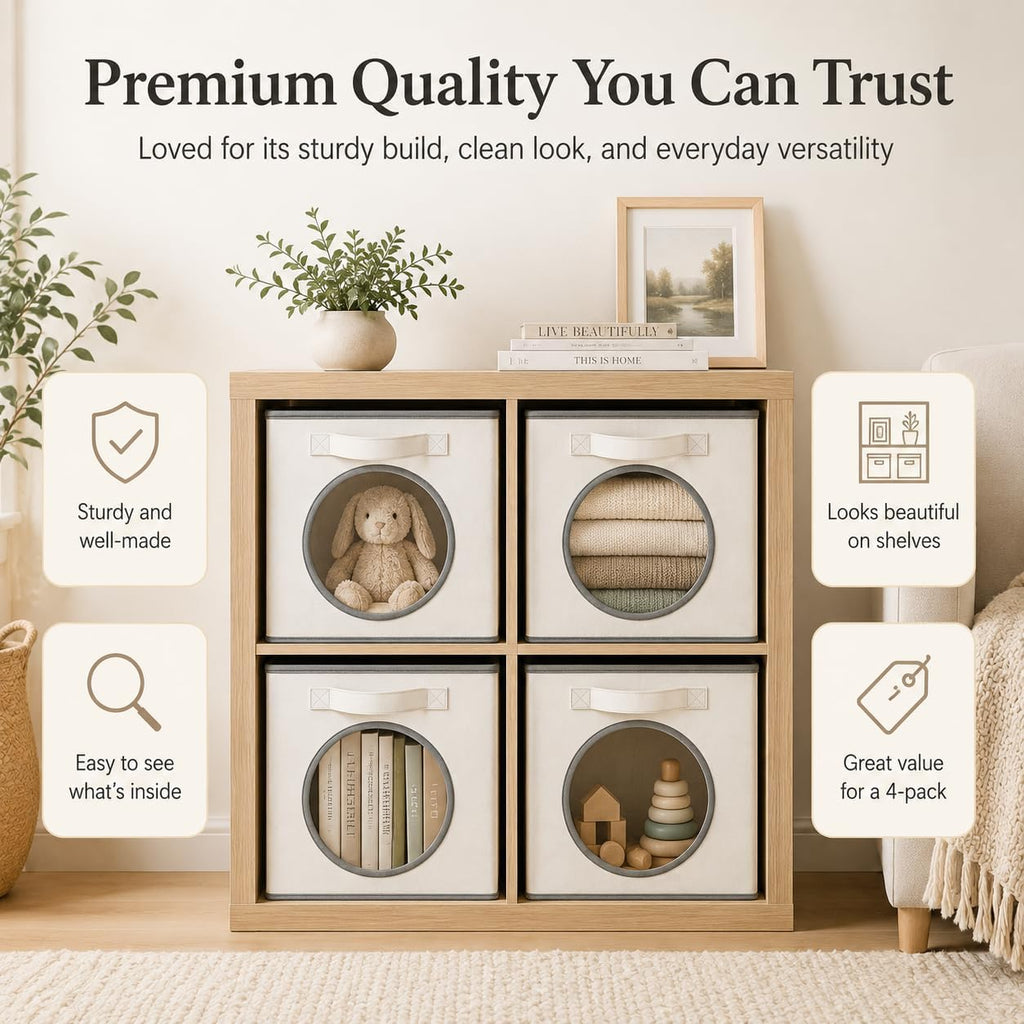 Vailando Ultra Thick Fabric Foldable Storage Cubes with Mesh Window - 11 Inch Cube Storage Organizer for Clothes, Shelves, Offices, Toys & Misc, White & Ivory, 4 Pack