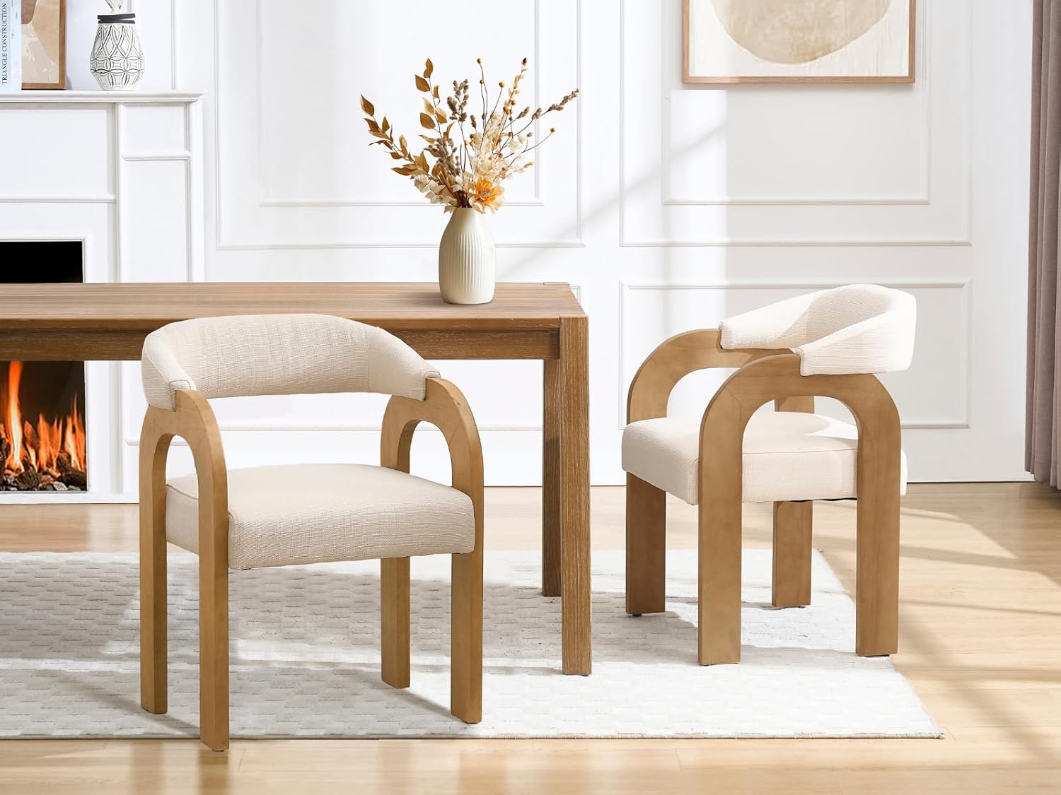Farmhouse Dining Chairs Set of 4 - Upholstered Armchairs with Linen Cushions & Curved Wooden Arms, Barrel Wood Kitchen Chairs for Dining Room/Cafe/Kitchen Island (Oatmeal Beige)