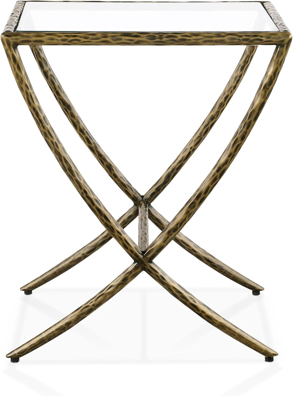 24/7 Shop at Home Lalia Modern 22-inch Metal Side Table with Tempered Glass Tabletop, Hammered Forged Steel Frame for Bedroom, Living Room, Home Office, Matte Gold