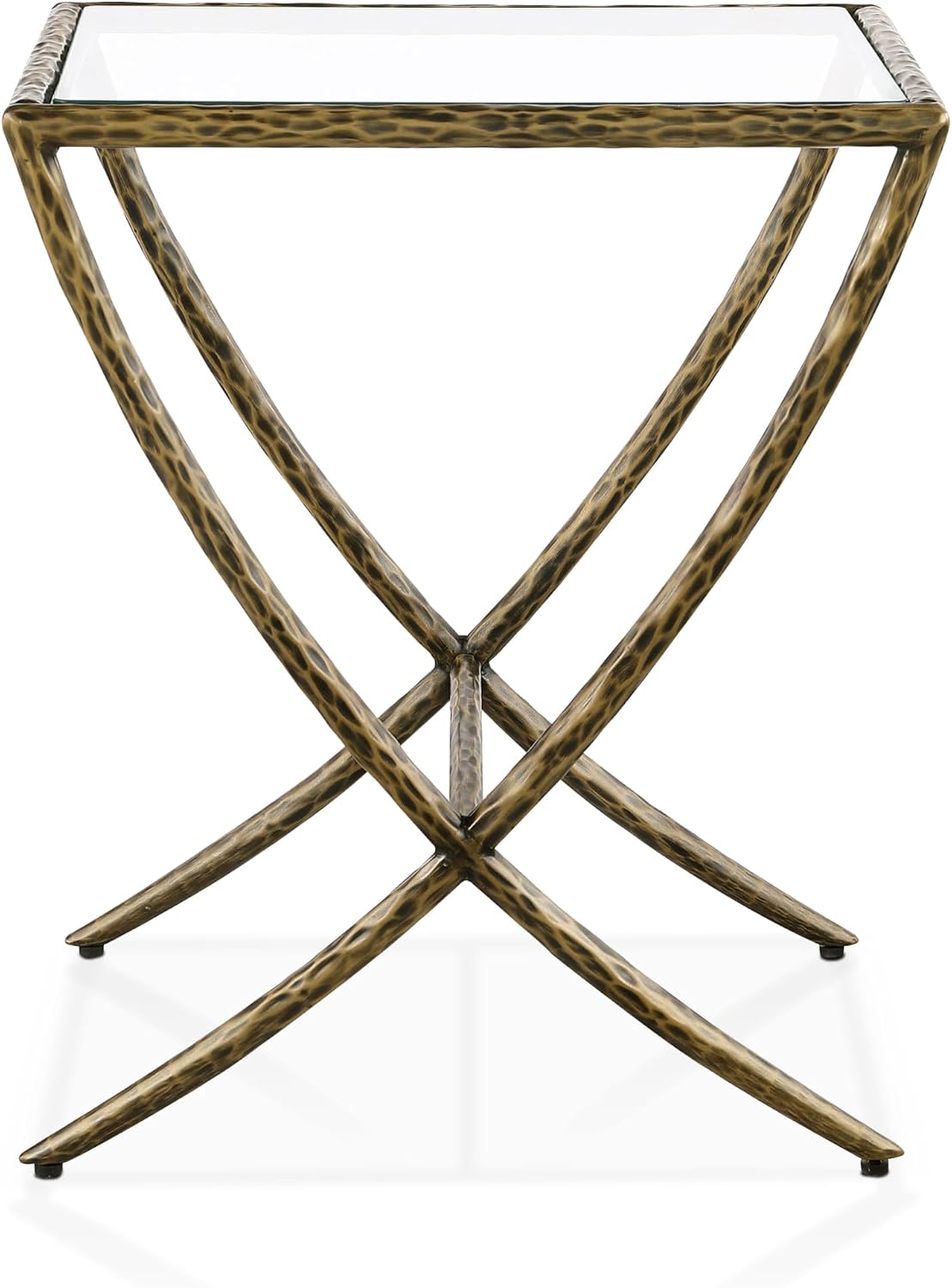 24/7 Shop at Home Lalia Modern 22-inch Metal Side Table with Tempered Glass Tabletop, Hammered Forged Steel Frame for Bedroom, Living Room, Home Office, Matte Gold