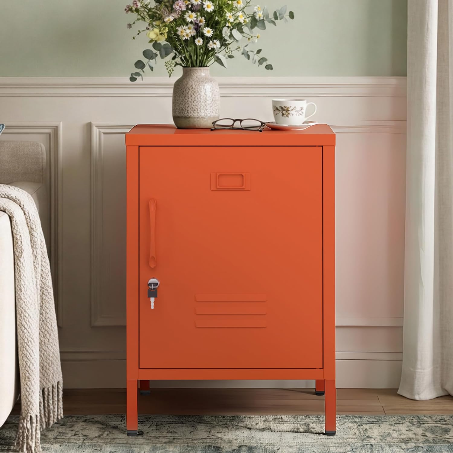 Lockable Metal Nightstand with Door, Industrial Storage Locker End Table, Small Bedside Table for Bedroom Living Room Dorm, Orange
