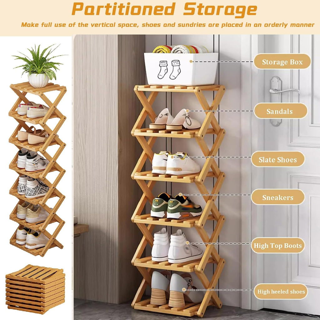 The 9-Tier No-Assembly Bamboo Rack,Foldable Bamboo Shoe Rack,Collapsible Shoe Rack for Entryway Closet Dorm,Installation-Free (Natural,8 Tier)